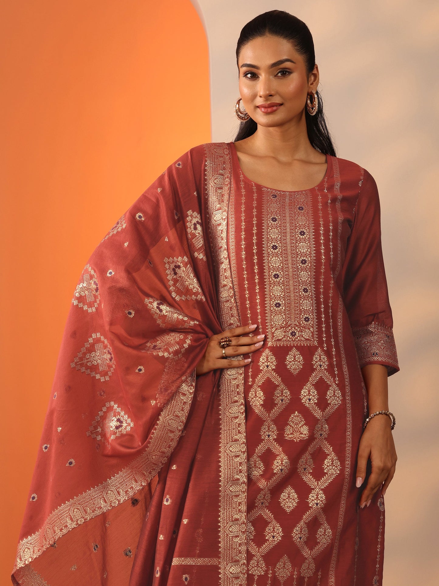 Rust Woven Design Silk Blend Straight Suit Set With Dupatta