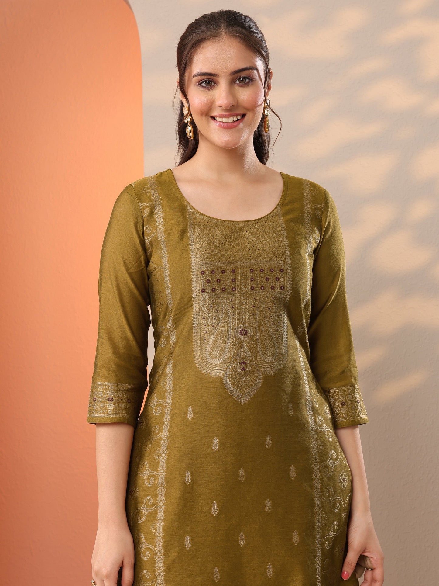 Mustard Woven Design Silk Blend Straight Suit Set With Dupatta