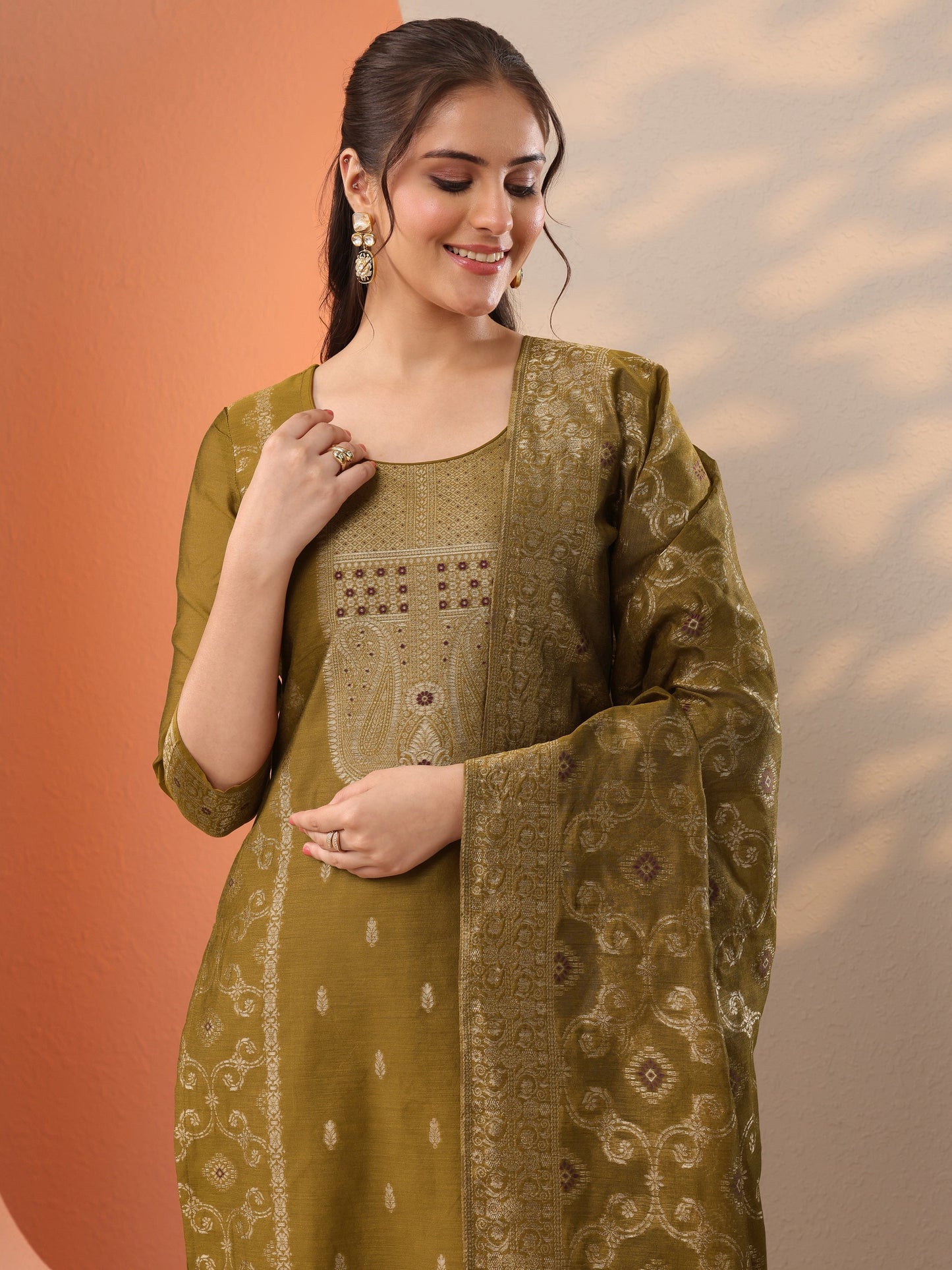 Mustard Woven Design Silk Blend Straight Suit Set With Dupatta