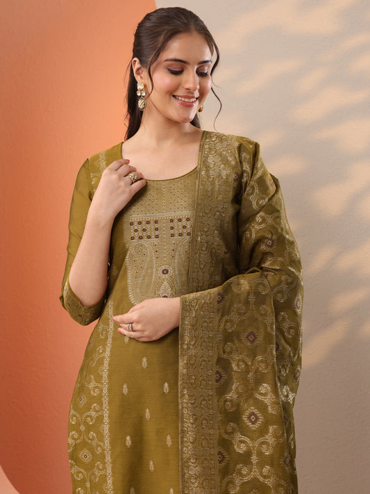 Mustard Woven Design Silk Blend Straight Suit Set With Dupatta