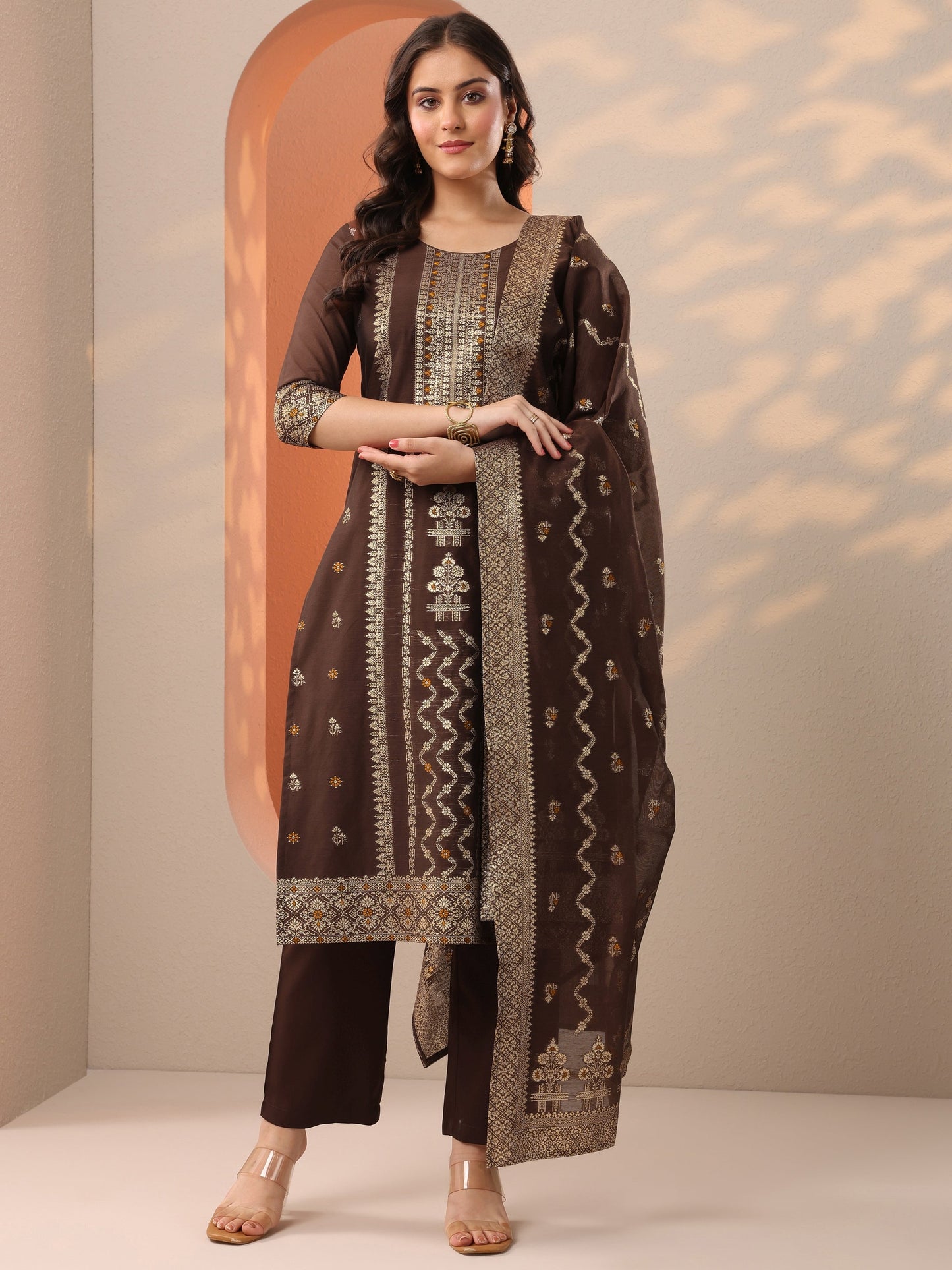 Brown Woven Design Silk Blend Straight Suit Set With Dupatta