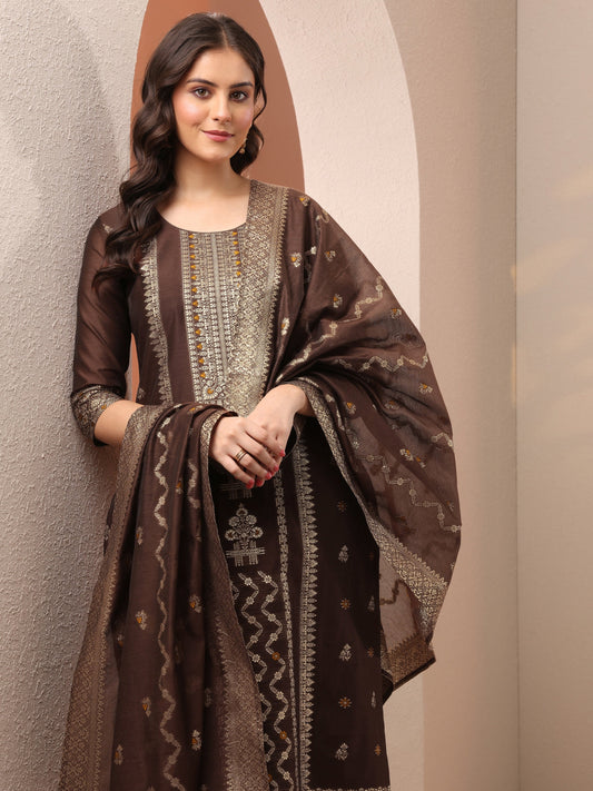 Brown Woven Design Silk Blend Straight Suit Set With Dupatta