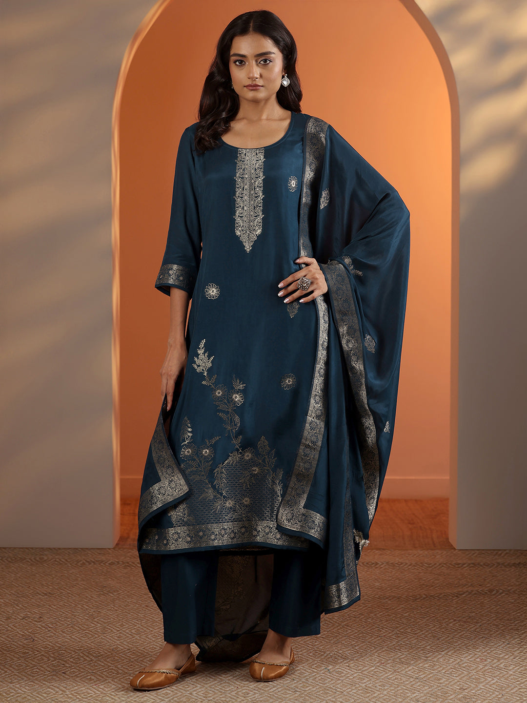 Navy Blue Woven Design Silk Blend Straight Suit Set With Dupatta