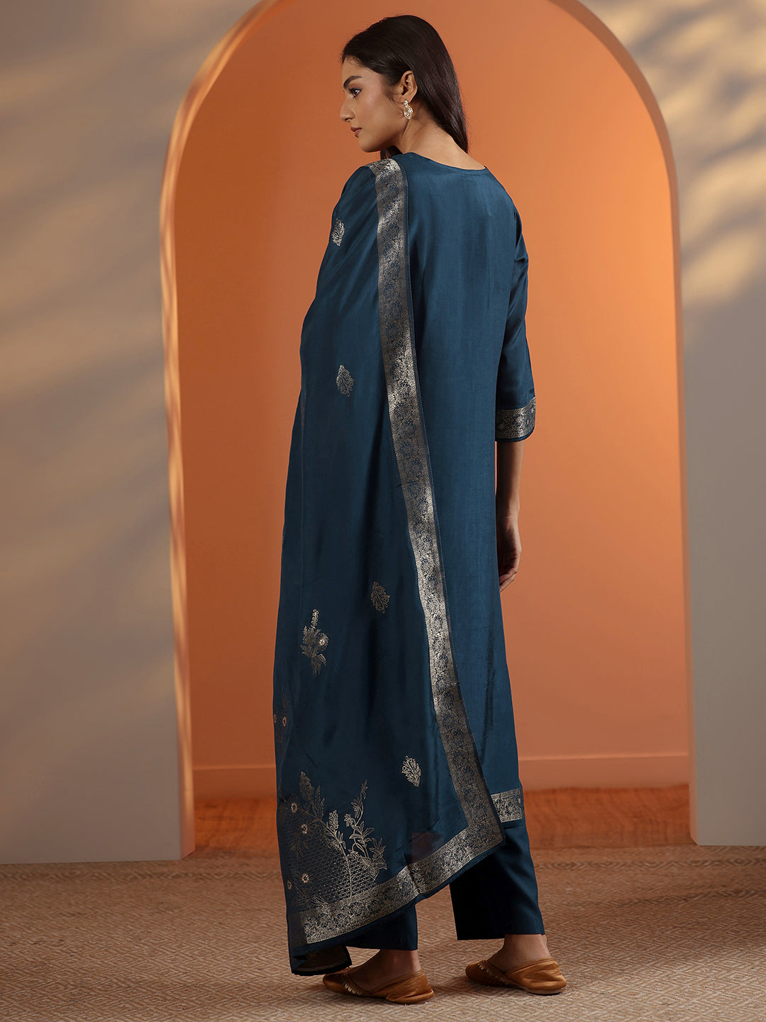 Navy Blue Woven Design Silk Blend Straight Suit Set With Dupatta