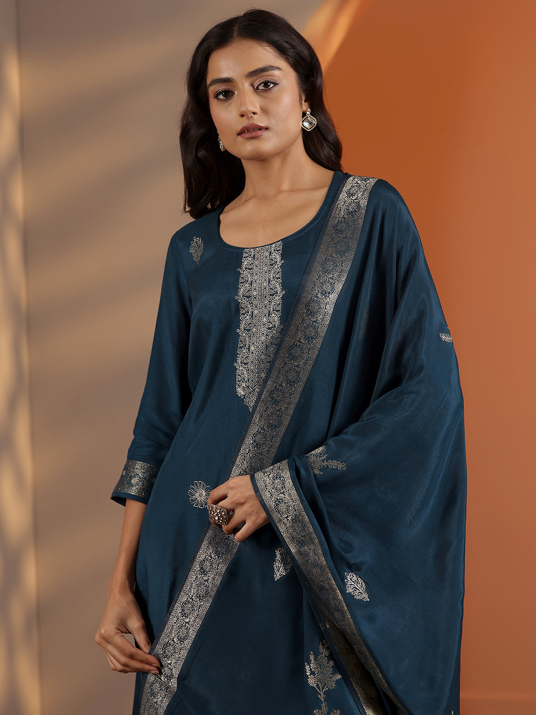Navy Blue Woven Design Silk Blend Straight Suit Set With Dupatta