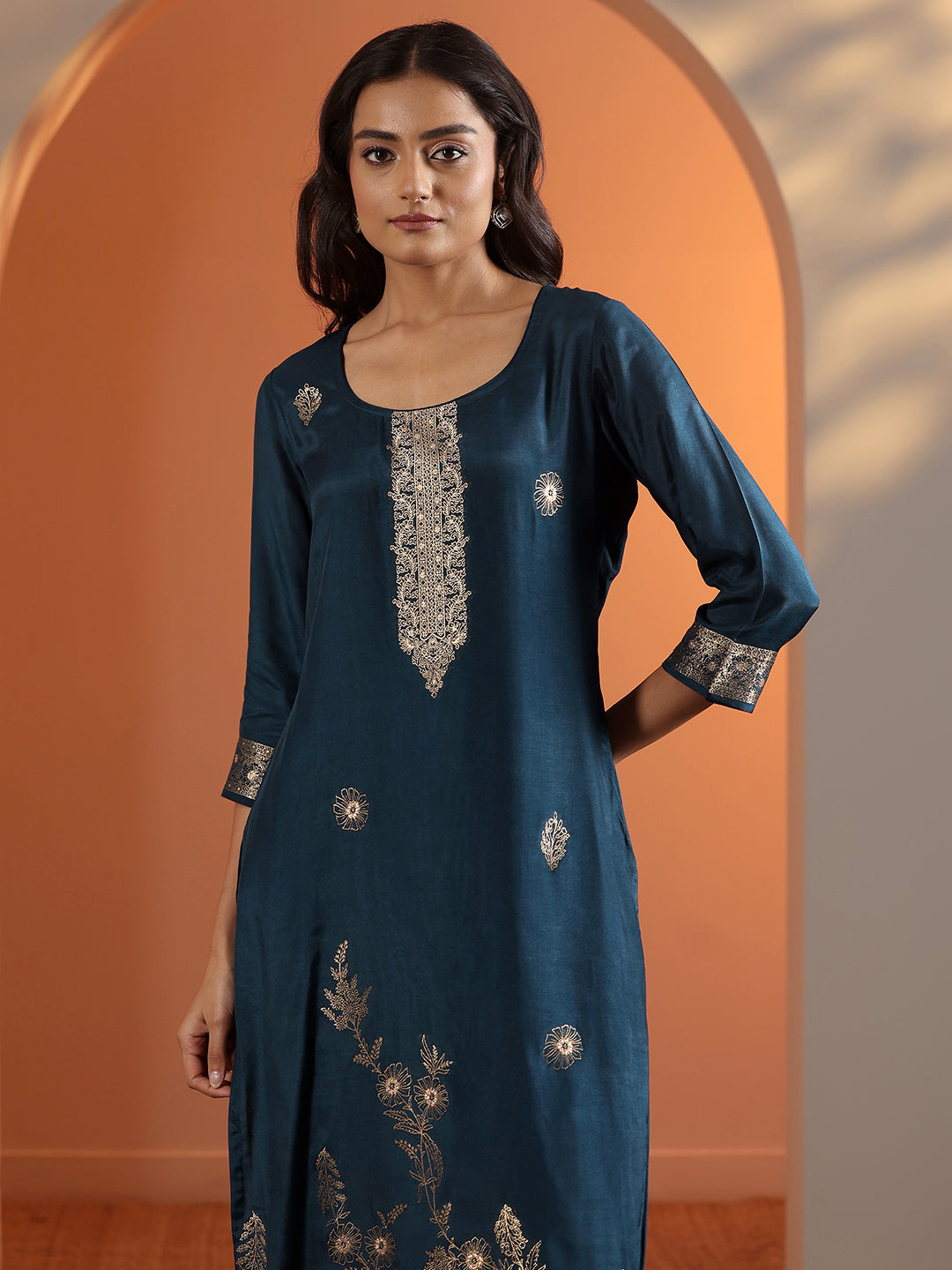 Navy Blue Woven Design Silk Blend Straight Suit Set With Dupatta