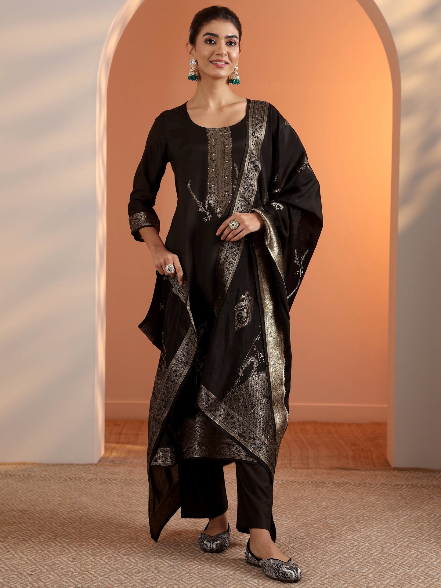 Black Woven Design Silk Blend Straight Suit Set With Dupatta