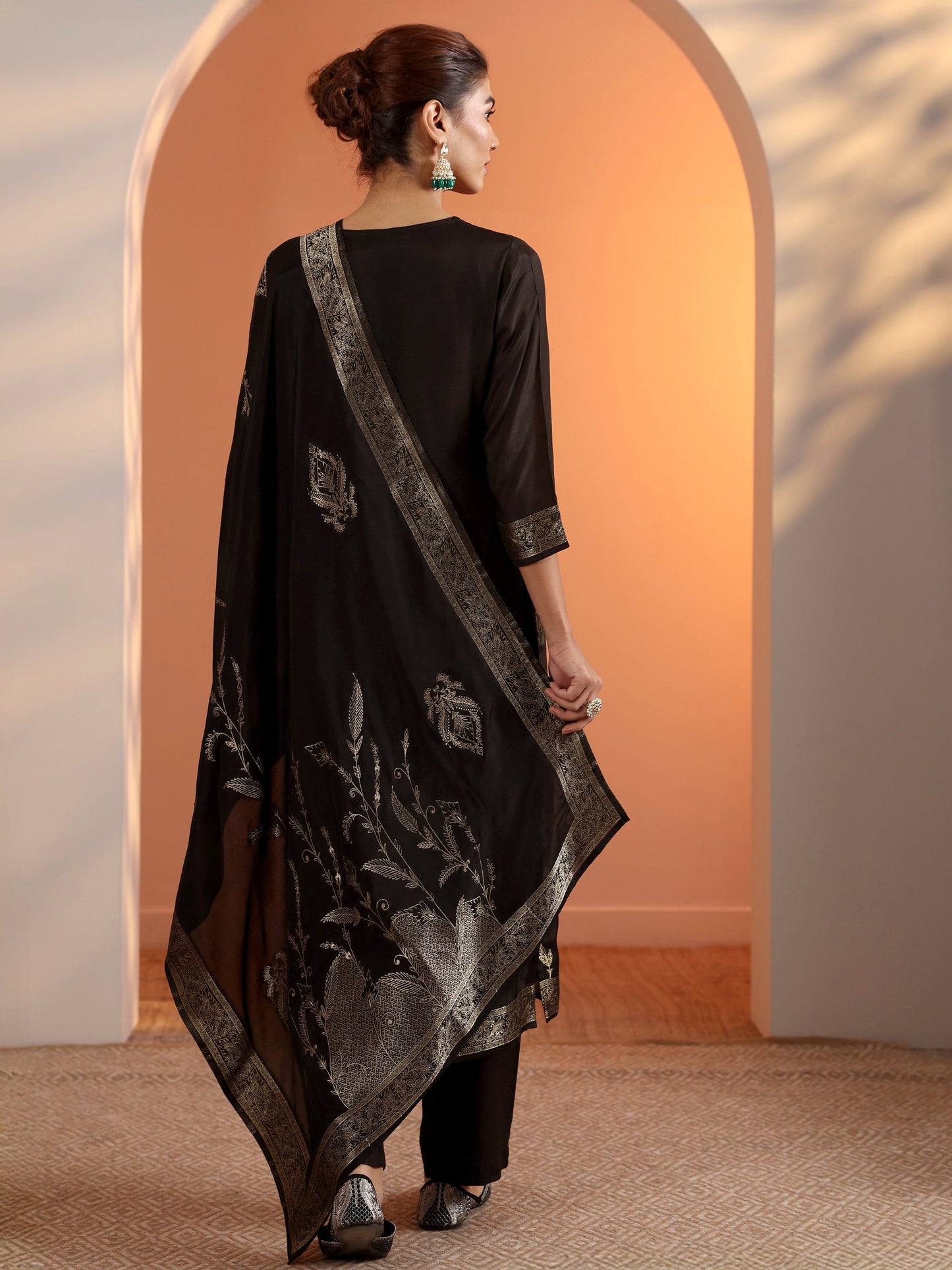 Black Woven Design Silk Blend Straight Suit Set With Dupatta