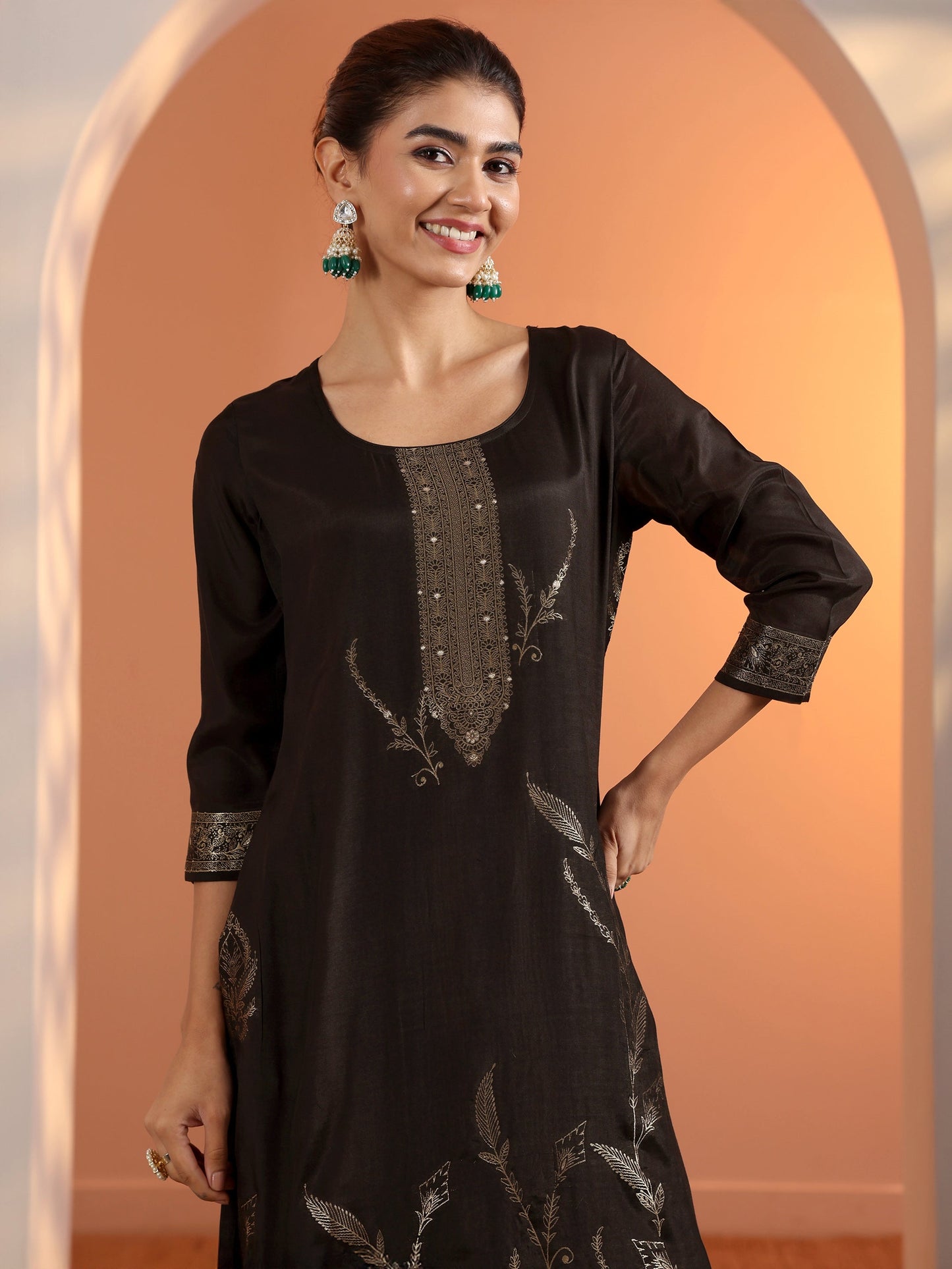 Black Woven Design Silk Blend Straight Suit Set With Dupatta