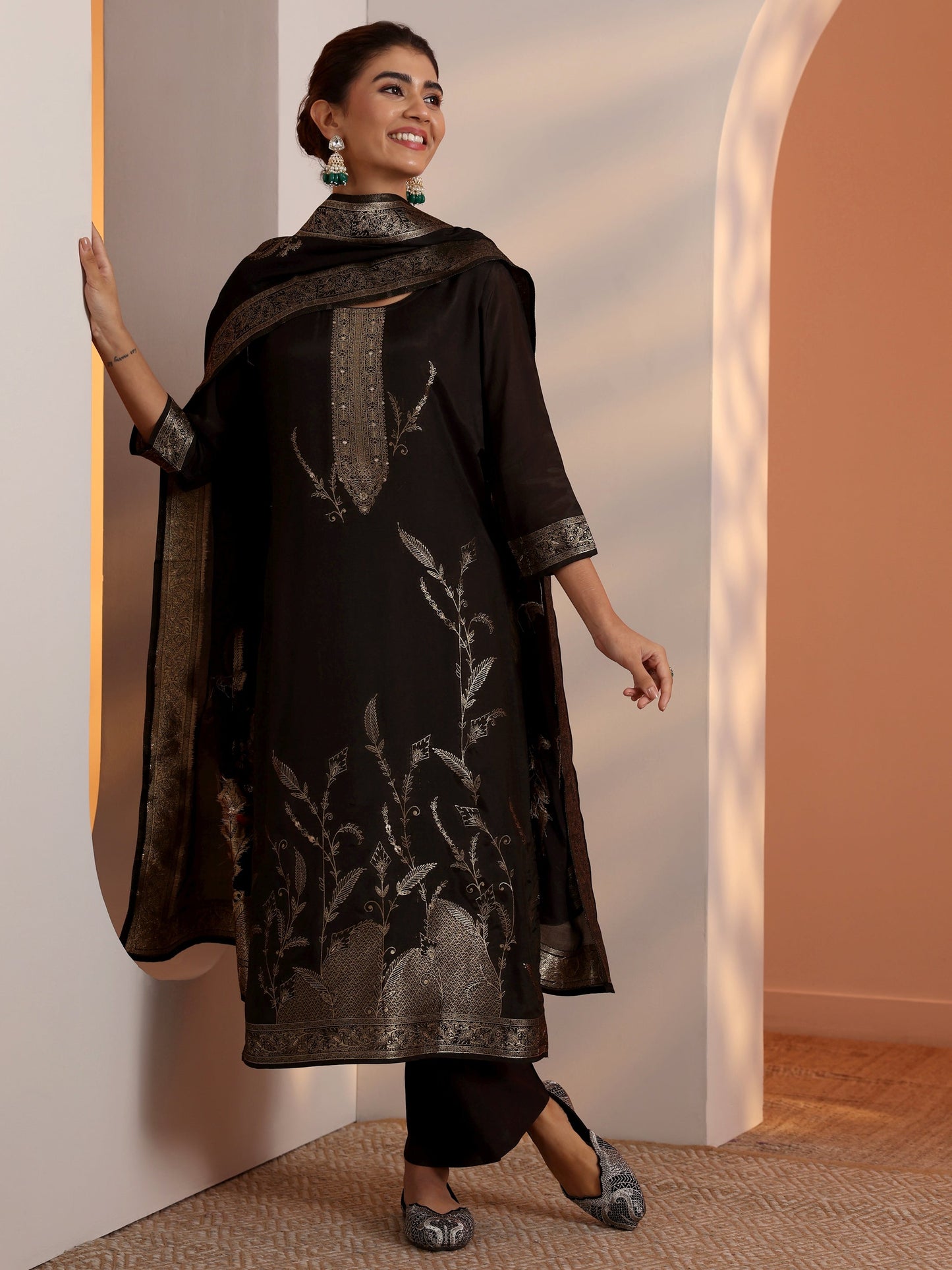 Black Woven Design Silk Blend Straight Suit Set With Dupatta
