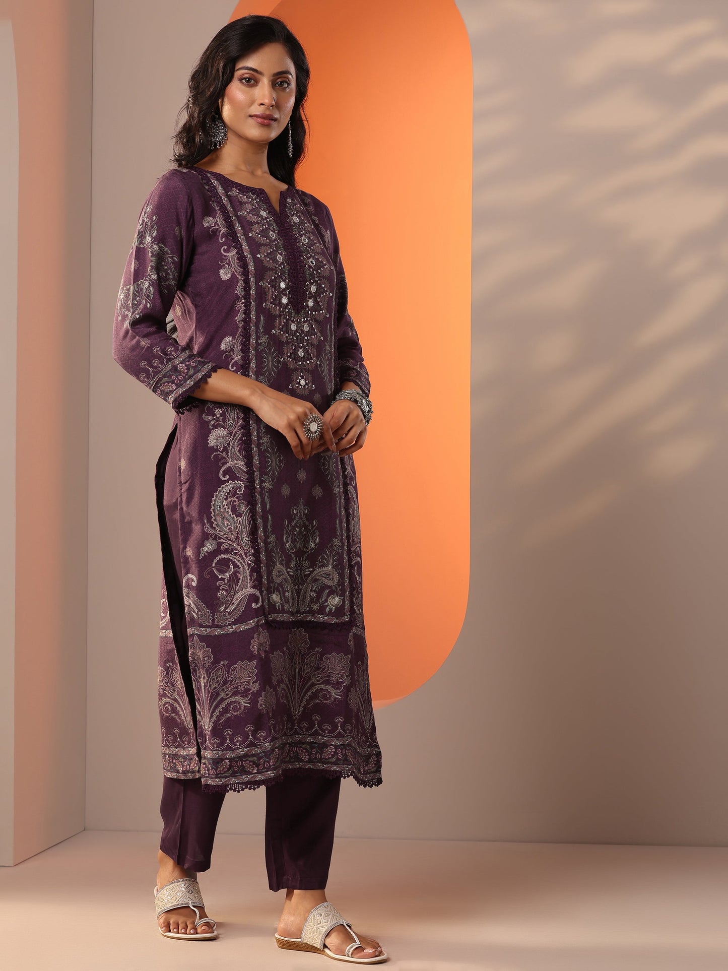 Burgundy Printed Muslin Straight Suit Set With Dupatta