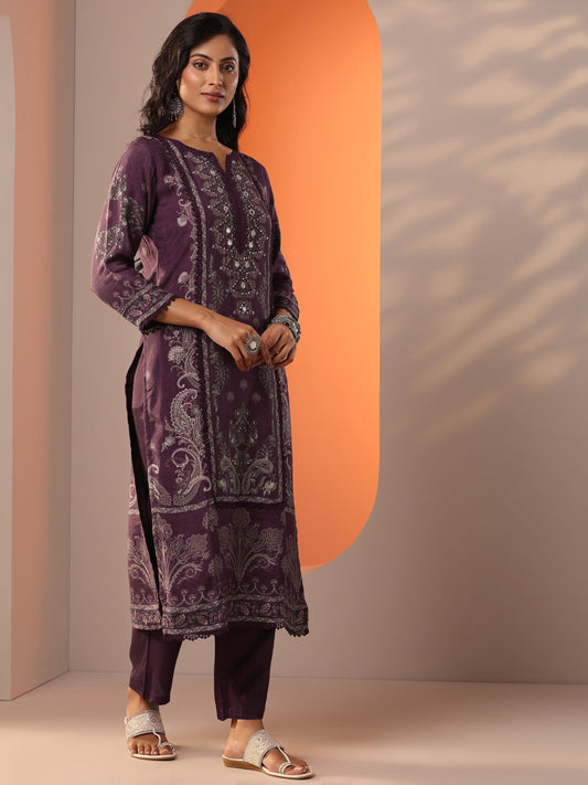Burgundy Printed Muslin Straight Suit Set With Dupatta