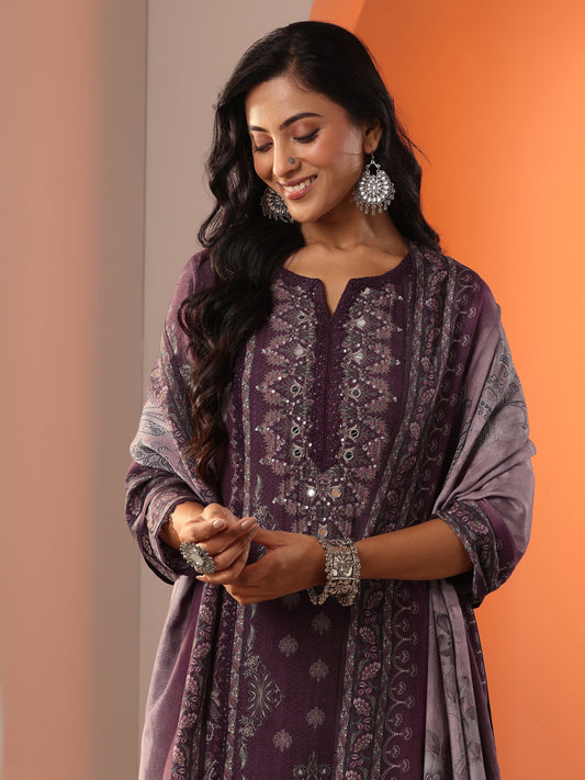 Burgundy Printed Muslin Straight Suit Set With Dupatta