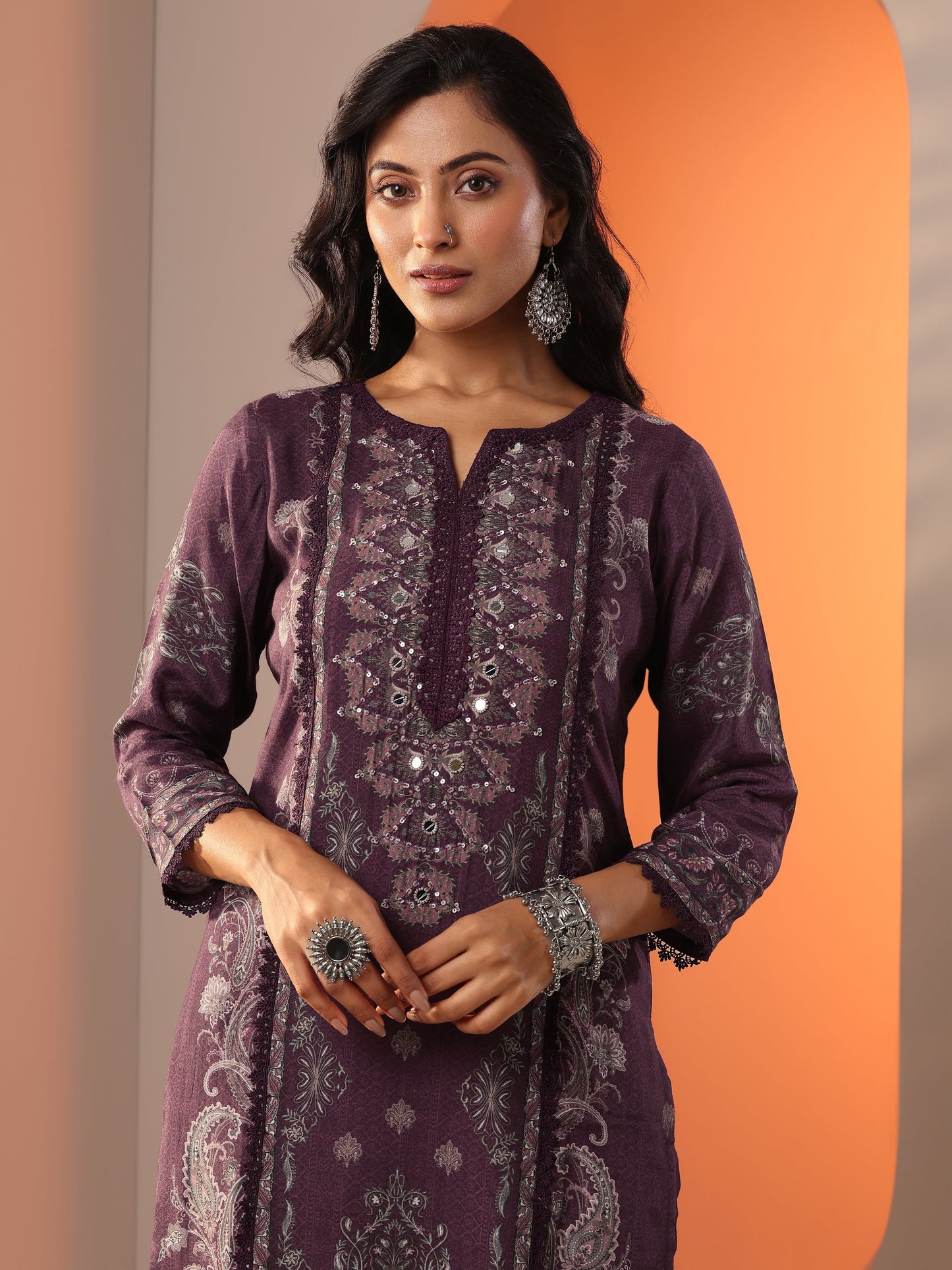 Burgundy Printed Muslin Straight Suit Set With Dupatta