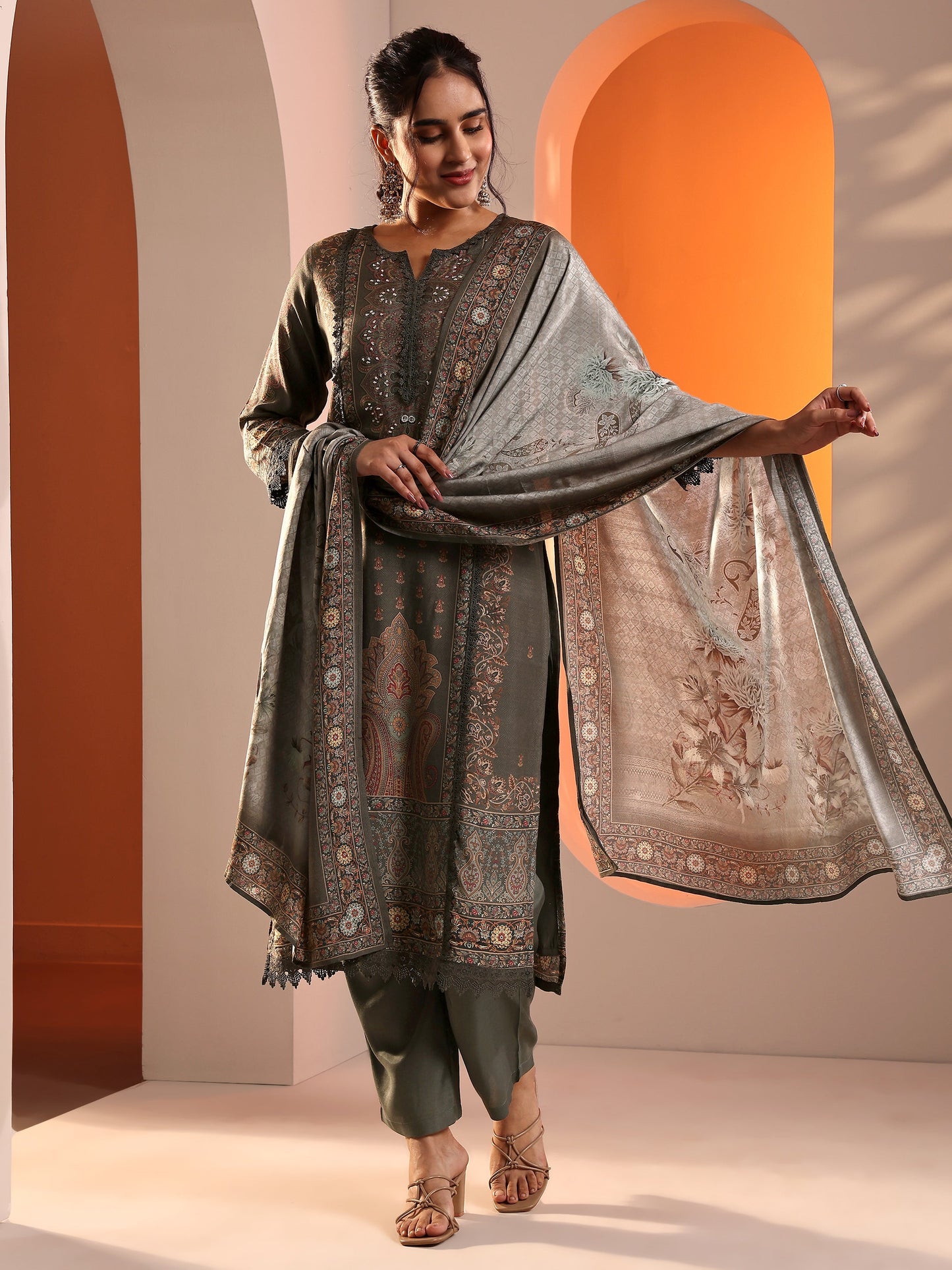 Grey Printed Muslin Straight Suit Set With Dupatta