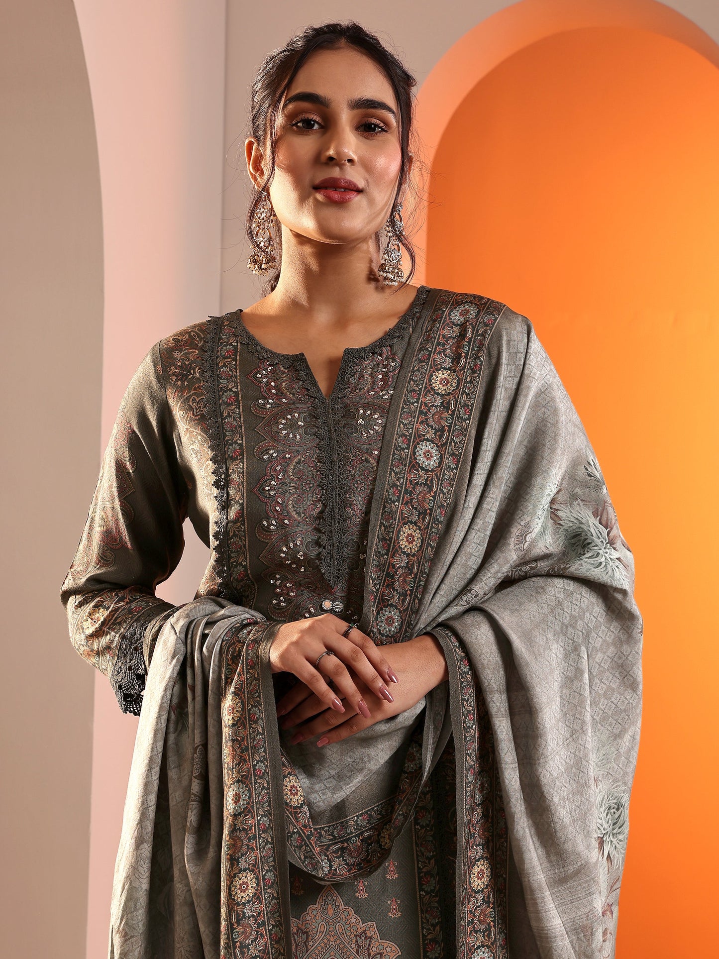Grey Printed Muslin Straight Suit Set With Dupatta