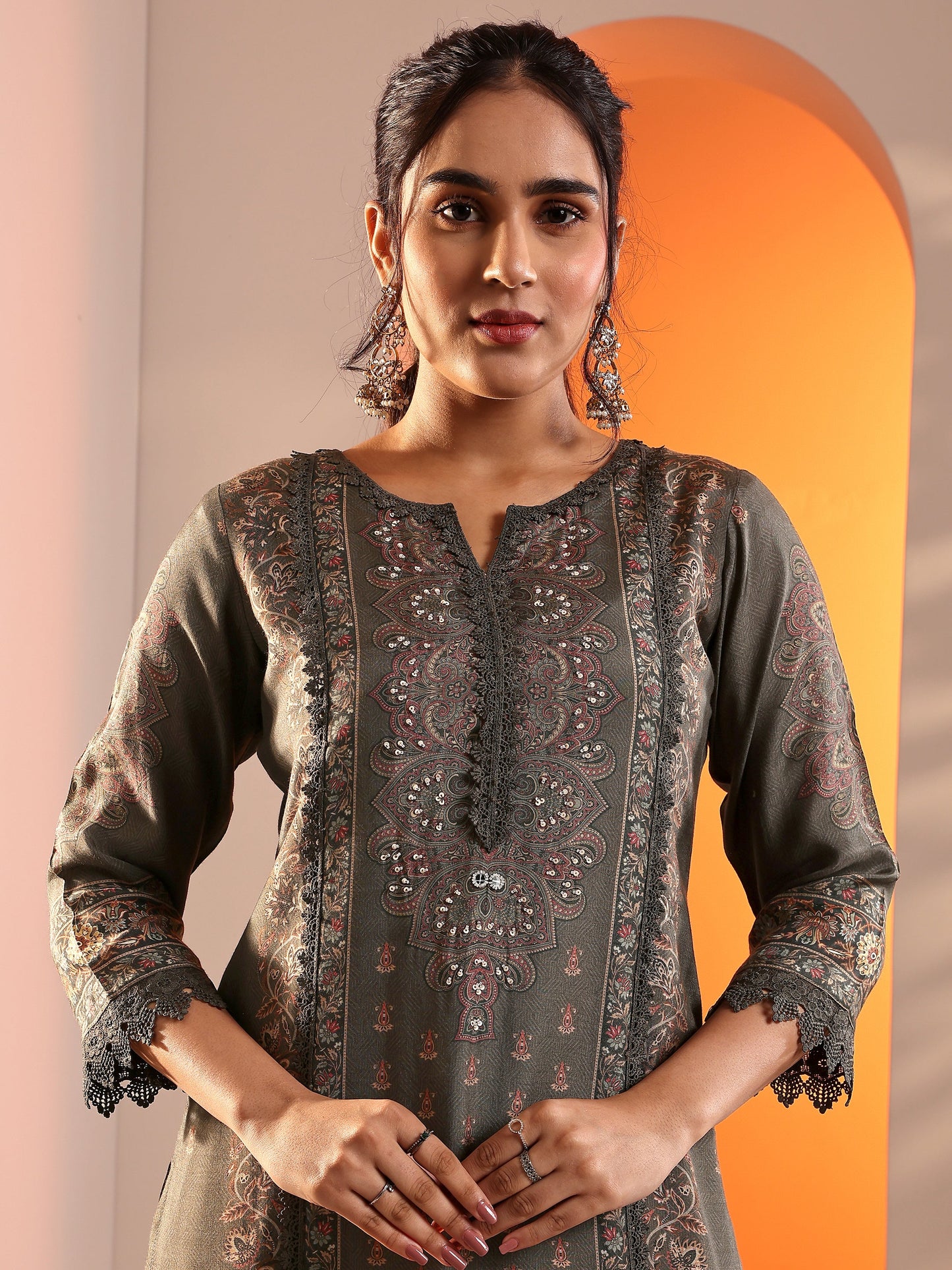 Grey Printed Muslin Straight Suit Set With Dupatta