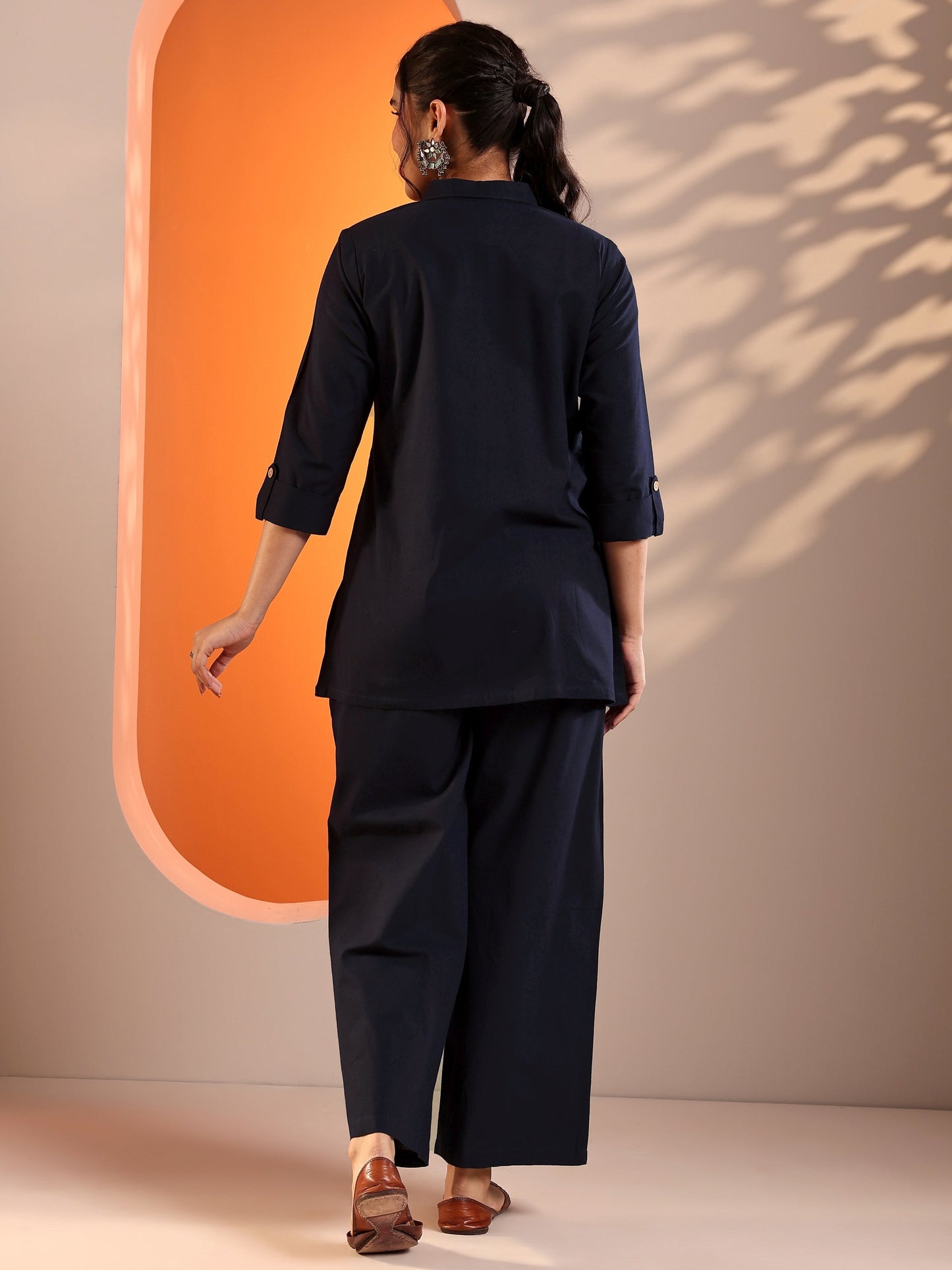 Navy Blue Embroidered Cotton Blend Co-Ord Sets