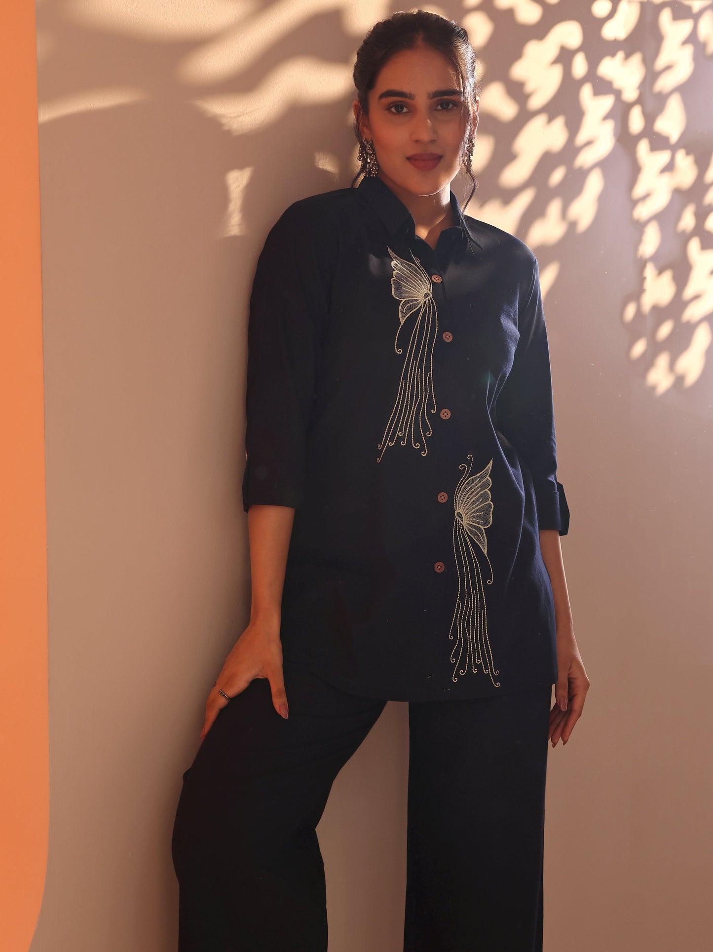 Navy Blue Embroidered Cotton Blend Co-Ord Sets