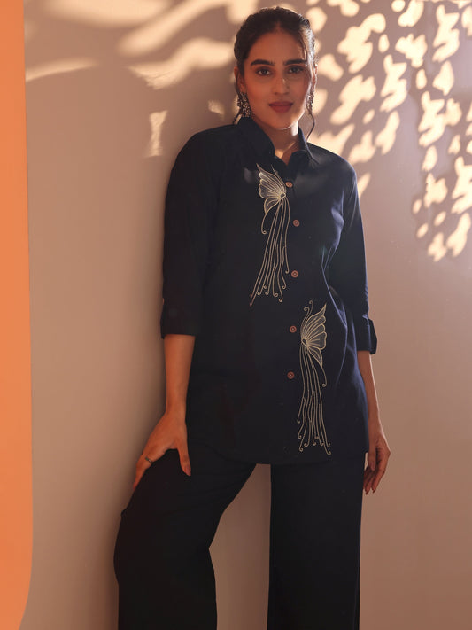 Navy Blue Embroidered Cotton Blend Co-Ord Sets