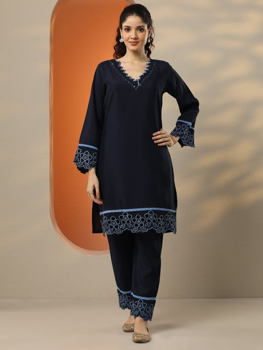 Navy Blue Solid Silk Blend Co-Ord Sets