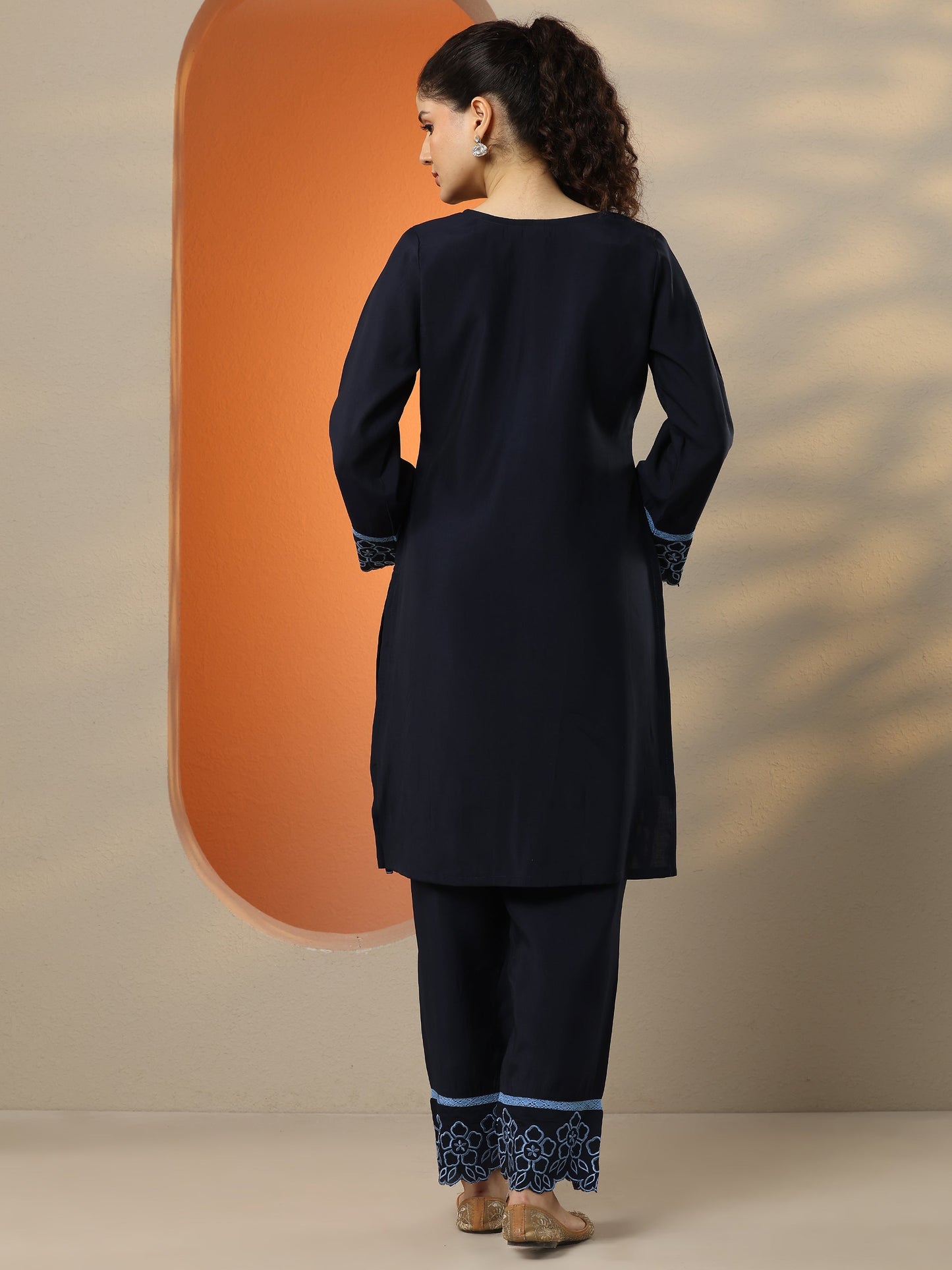 Navy Blue Solid Silk Blend Co-Ord Sets