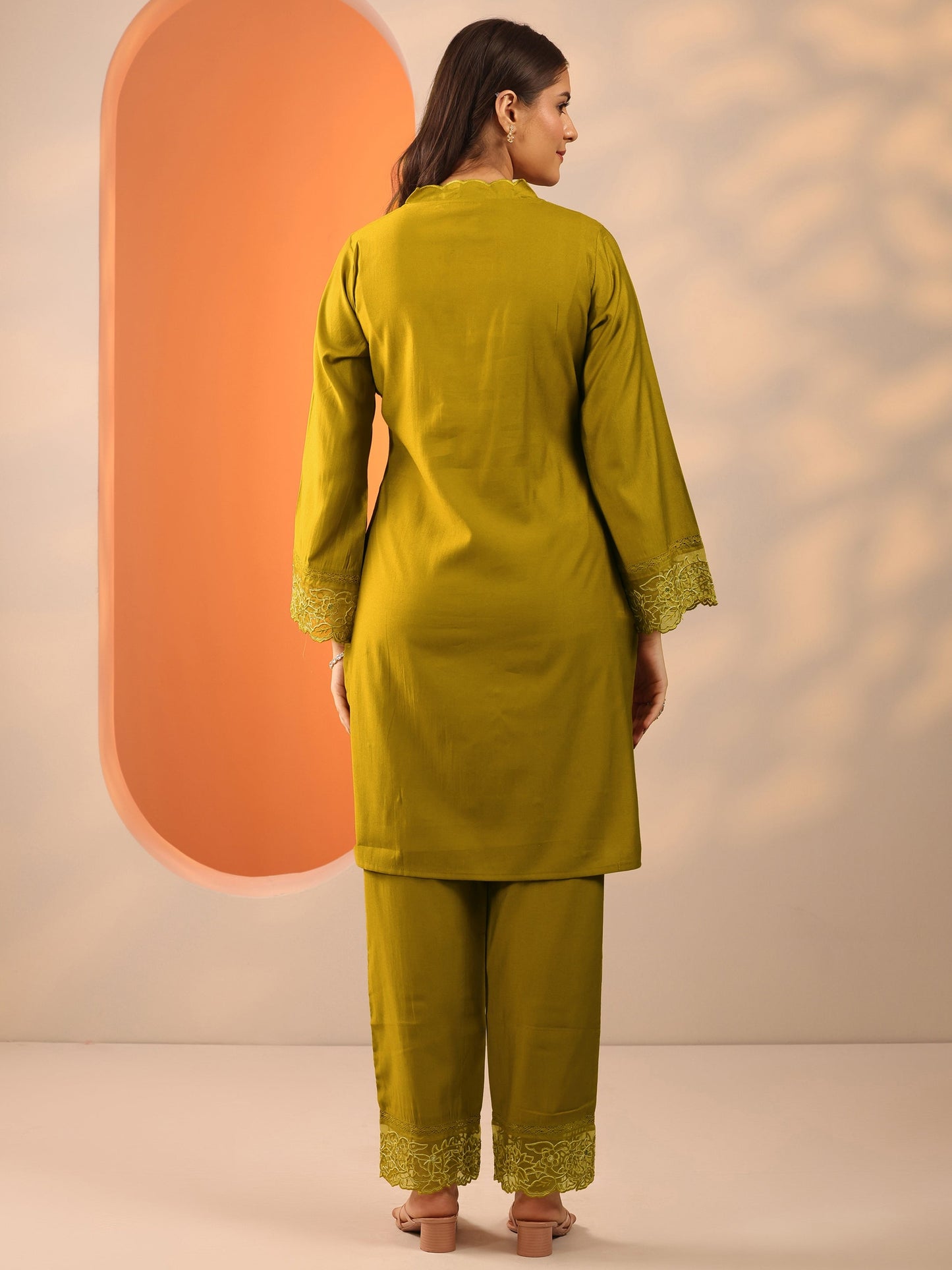 Lime Green Solid Silk Blend Co-Ord Sets