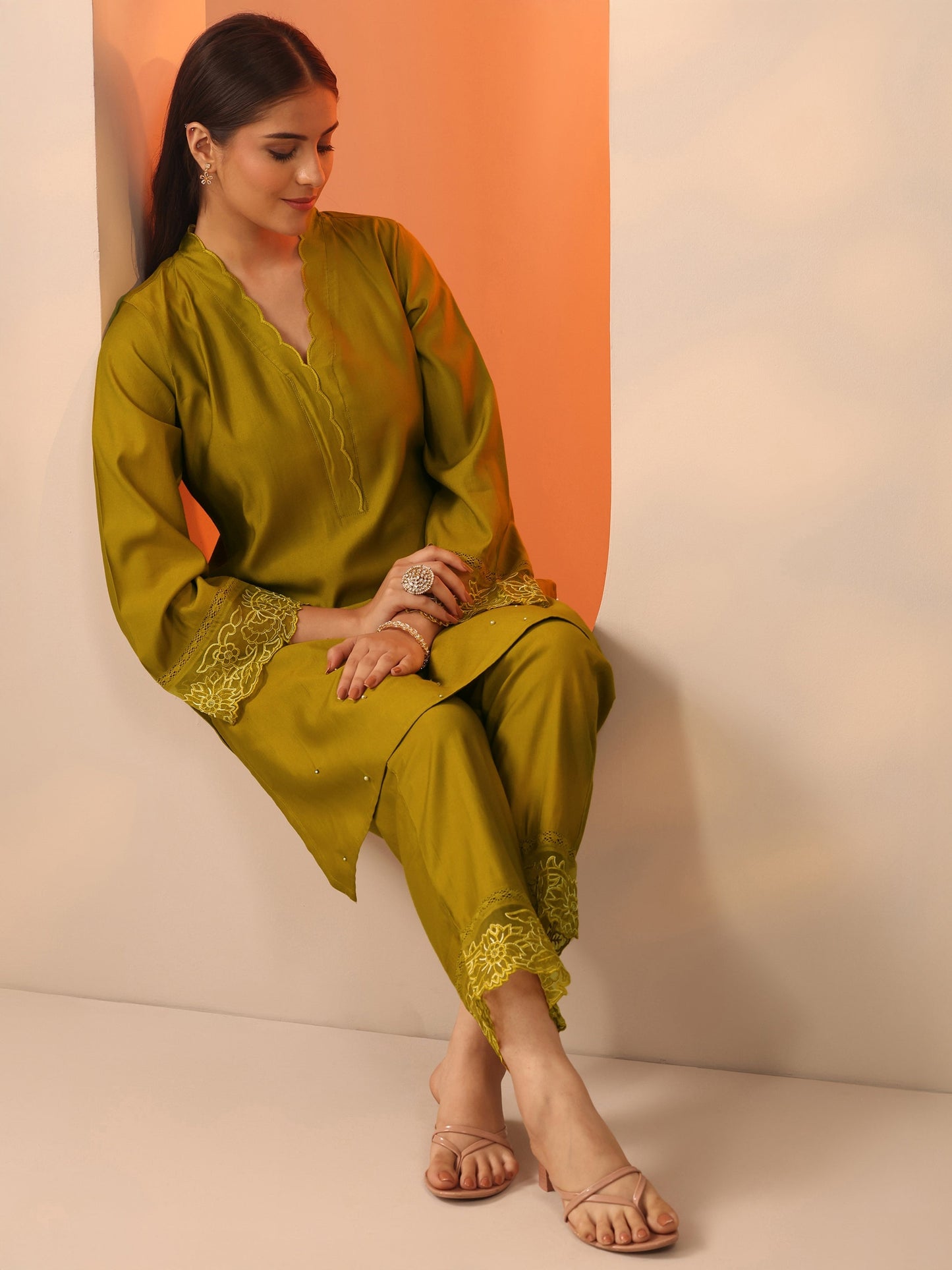 Lime Green Solid Silk Blend Co-Ord Sets