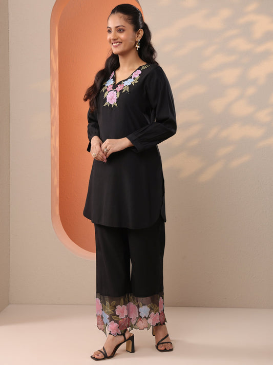 Black Embroidered Silk Blend Co-Ord Sets
