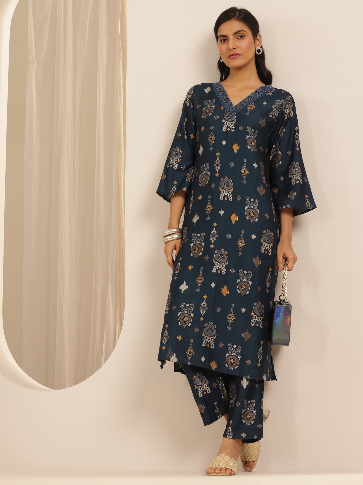 Navy Blue Printed Silk Blend Co-Ord Sets