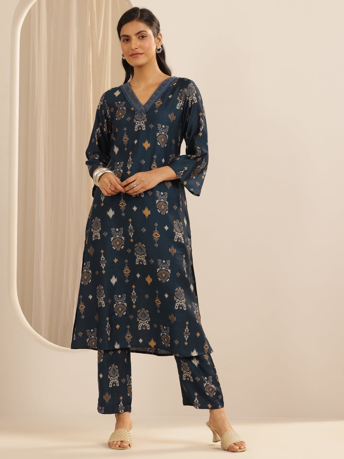 Navy Blue Printed Silk Blend Co-Ord Sets