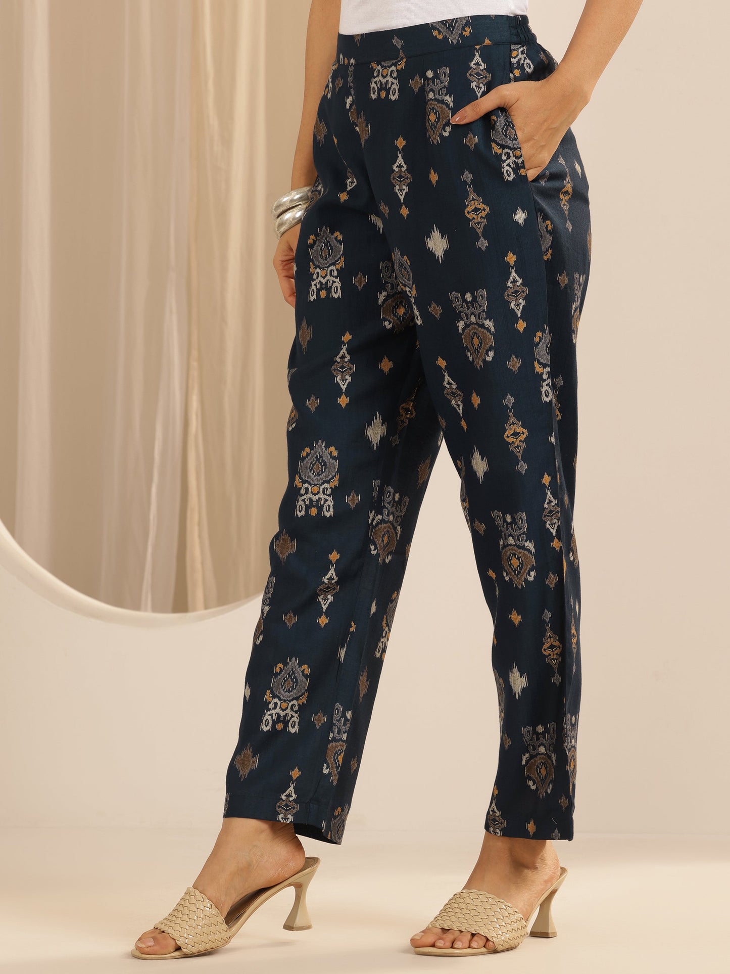 Navy Blue Printed Silk Blend Co-Ord Sets
