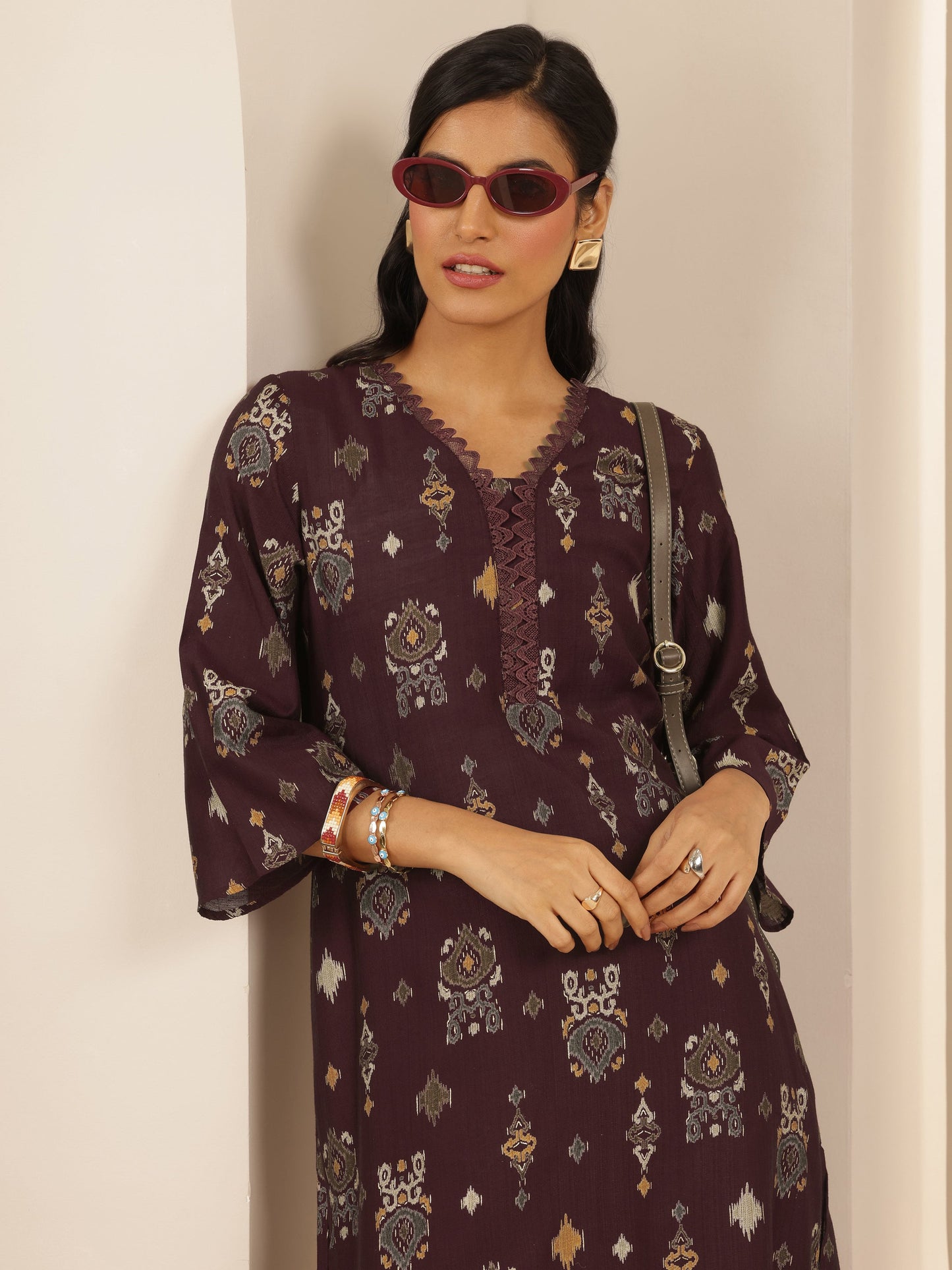 Brown Printed Silk Blend Co-Ord Sets