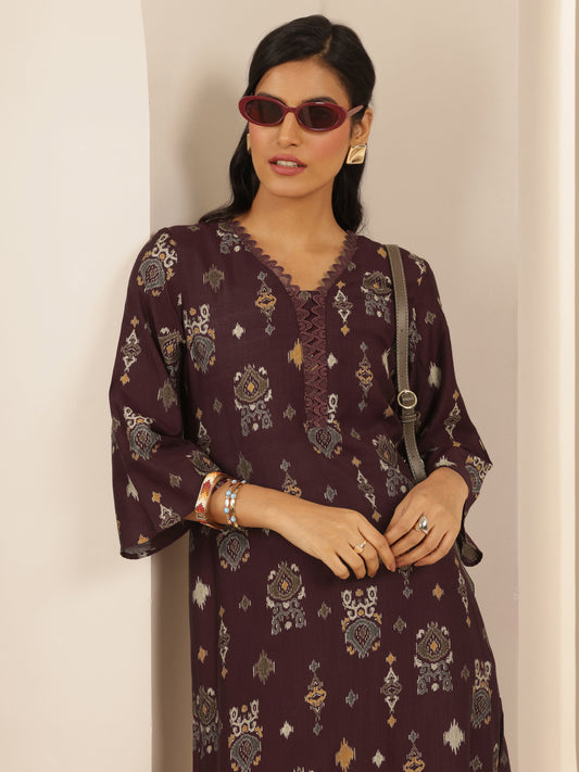 Brown Printed Silk Blend Co-Ord Sets