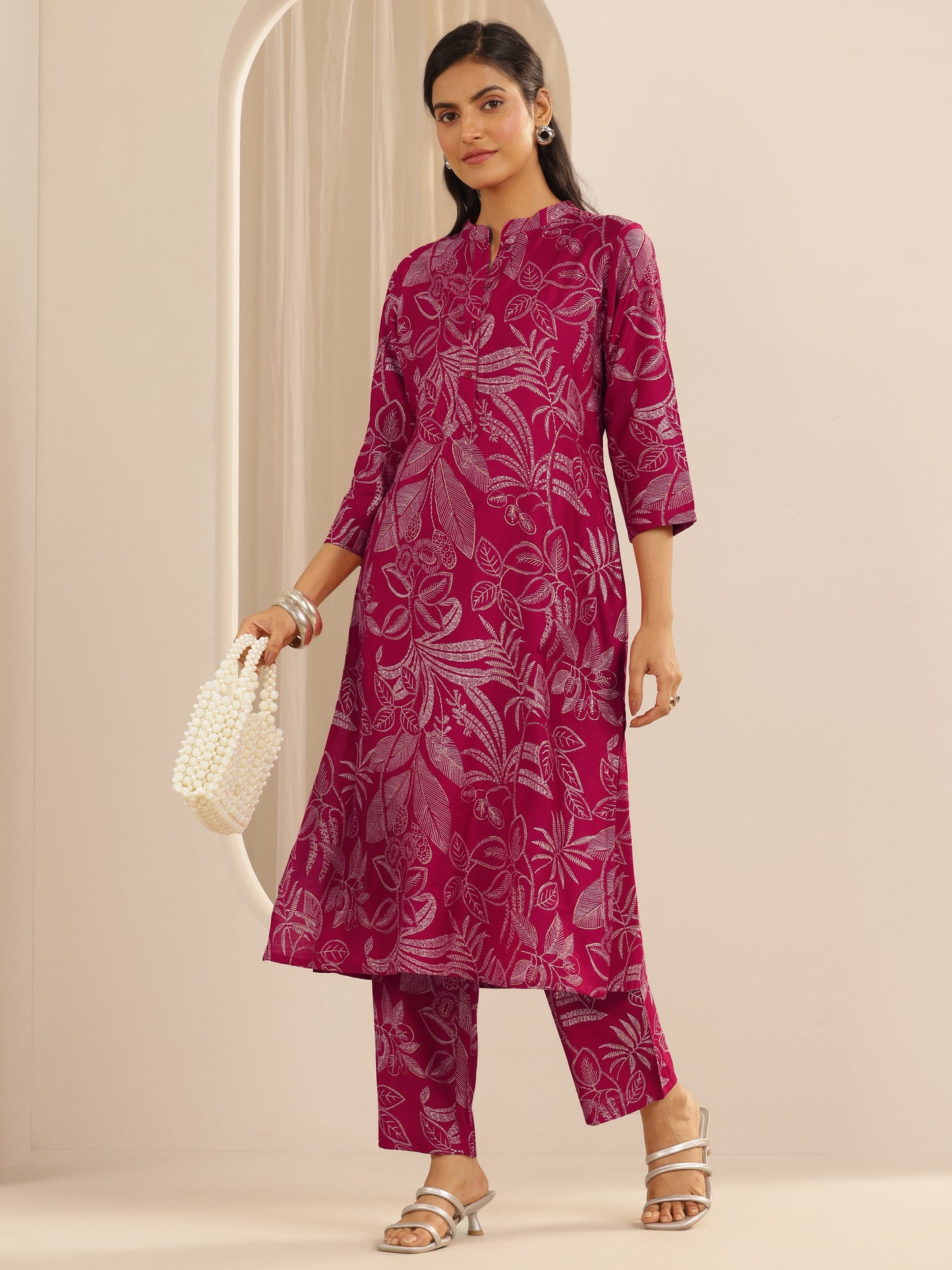 Pink Woven Design Silk Blend Co-Ord Sets