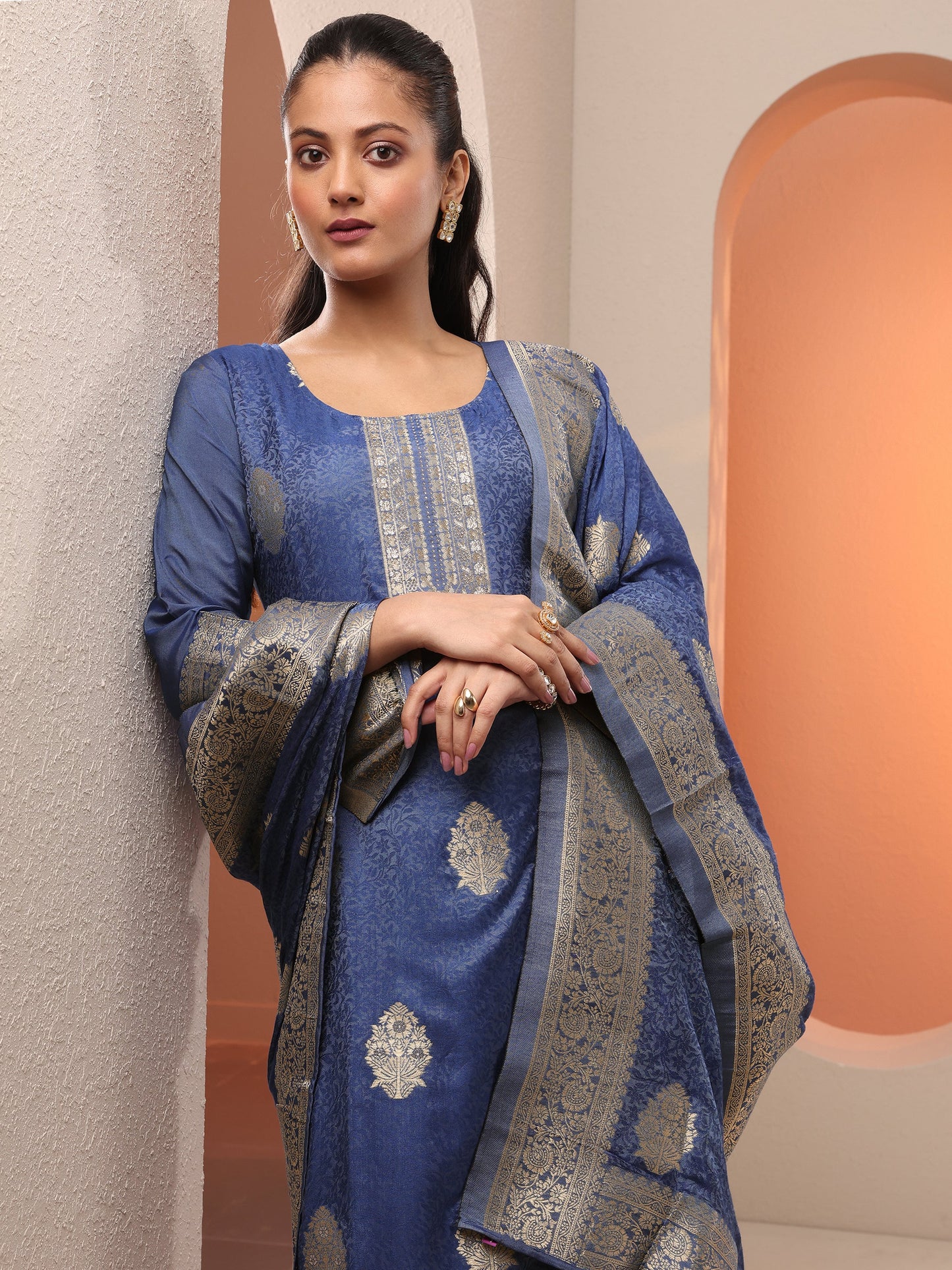 Blue Woven Design Silk Blend Straight Suit Set With Dupatta