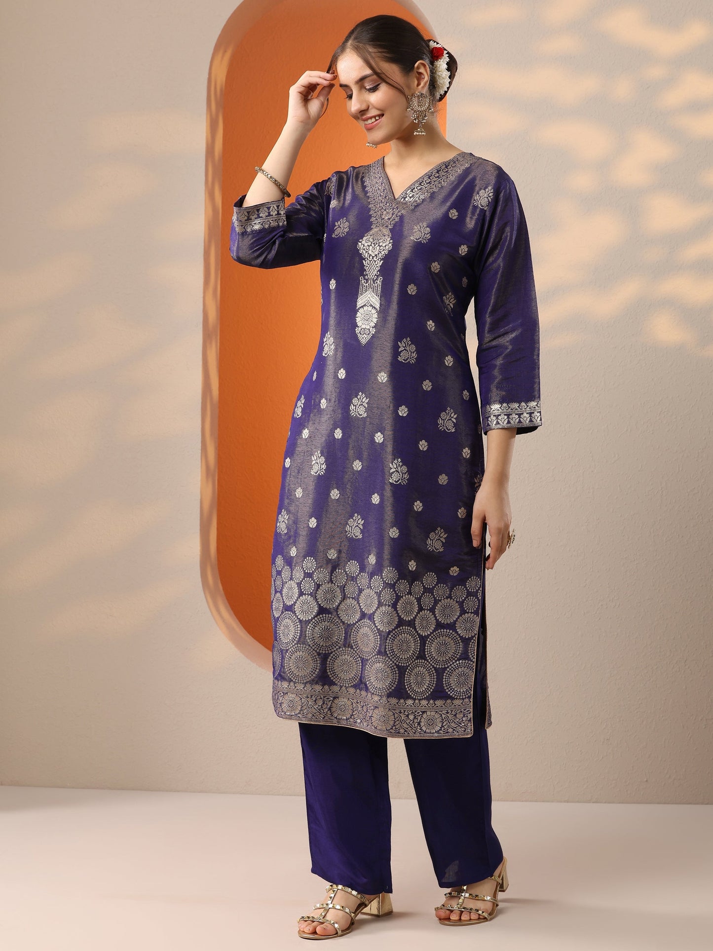 Purple Woven Design Silk Blend Straight Suit Set With Dupatta