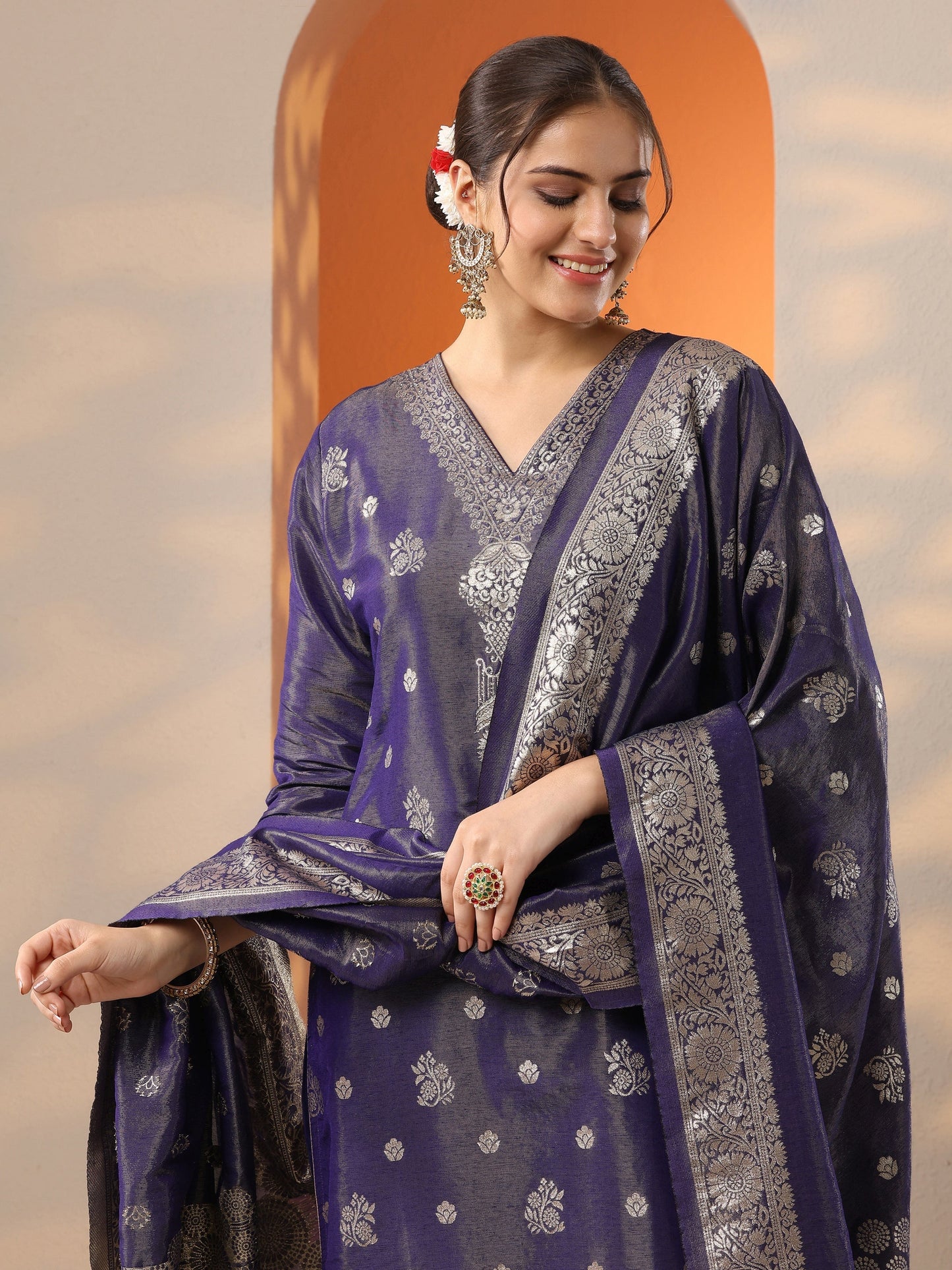 Purple Woven Design Silk Blend Straight Suit Set With Dupatta