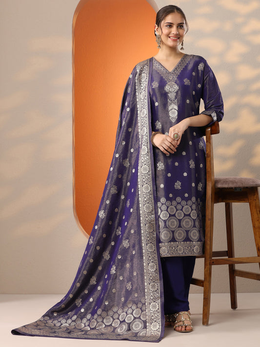 Purple Woven Design Silk Blend Straight Suit Set With Dupatta