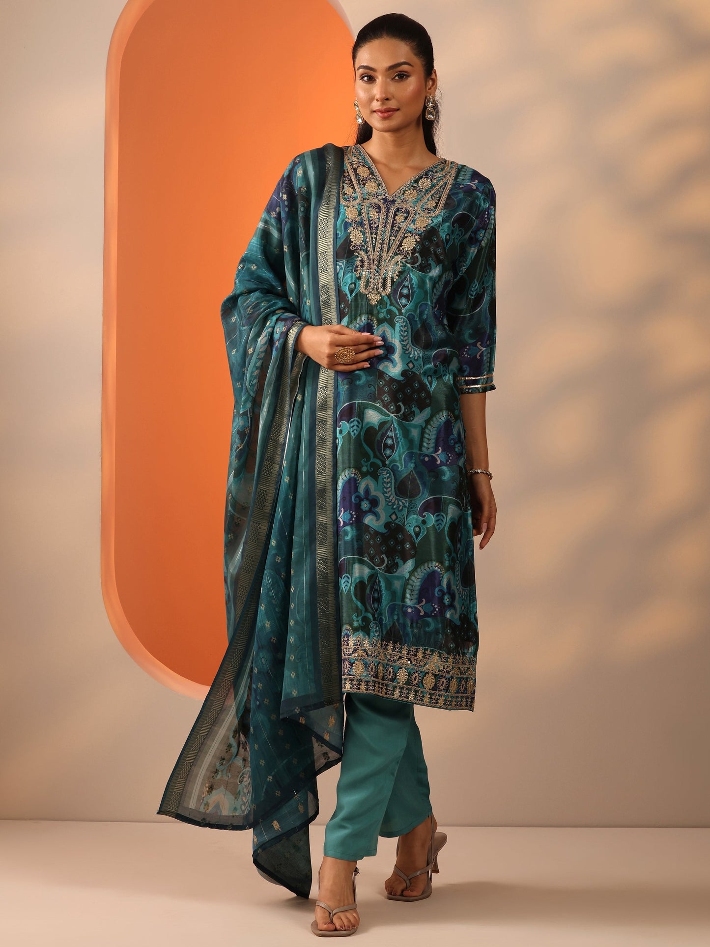 Green Printed Chinon Straight Suit Set With Dupatta