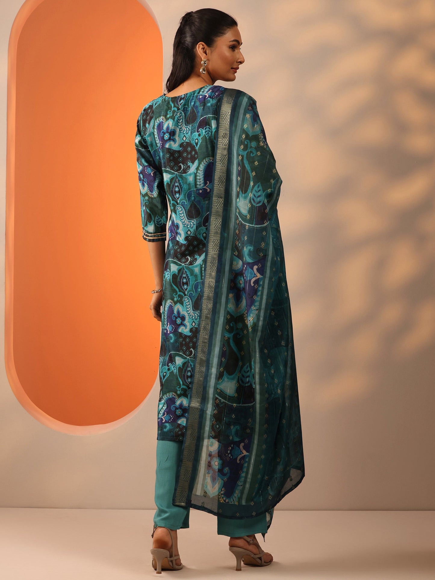 Green Printed Chinon Straight Suit Set With Dupatta