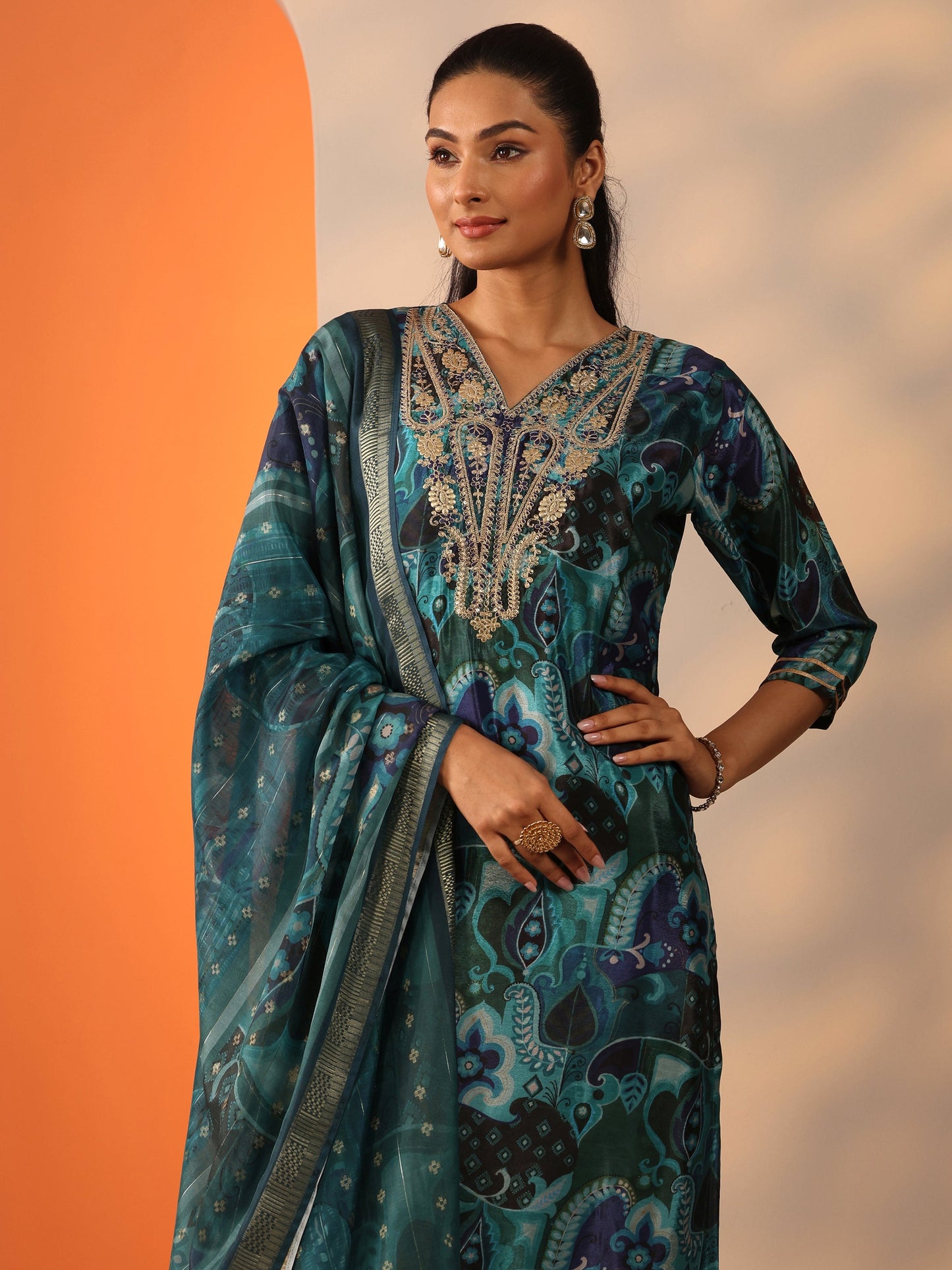 Green Printed Chinon Straight Suit Set With Dupatta