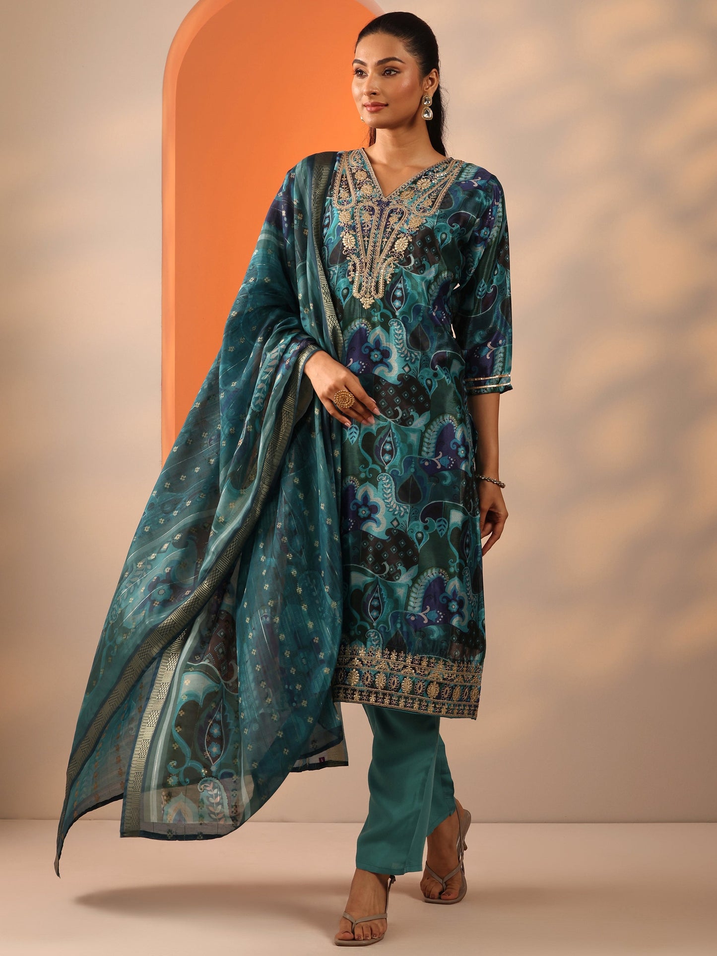 Green Printed Chinon Straight Suit Set With Dupatta