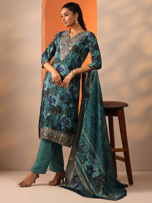 Green Printed Chinon Straight Suit Set With Dupatta