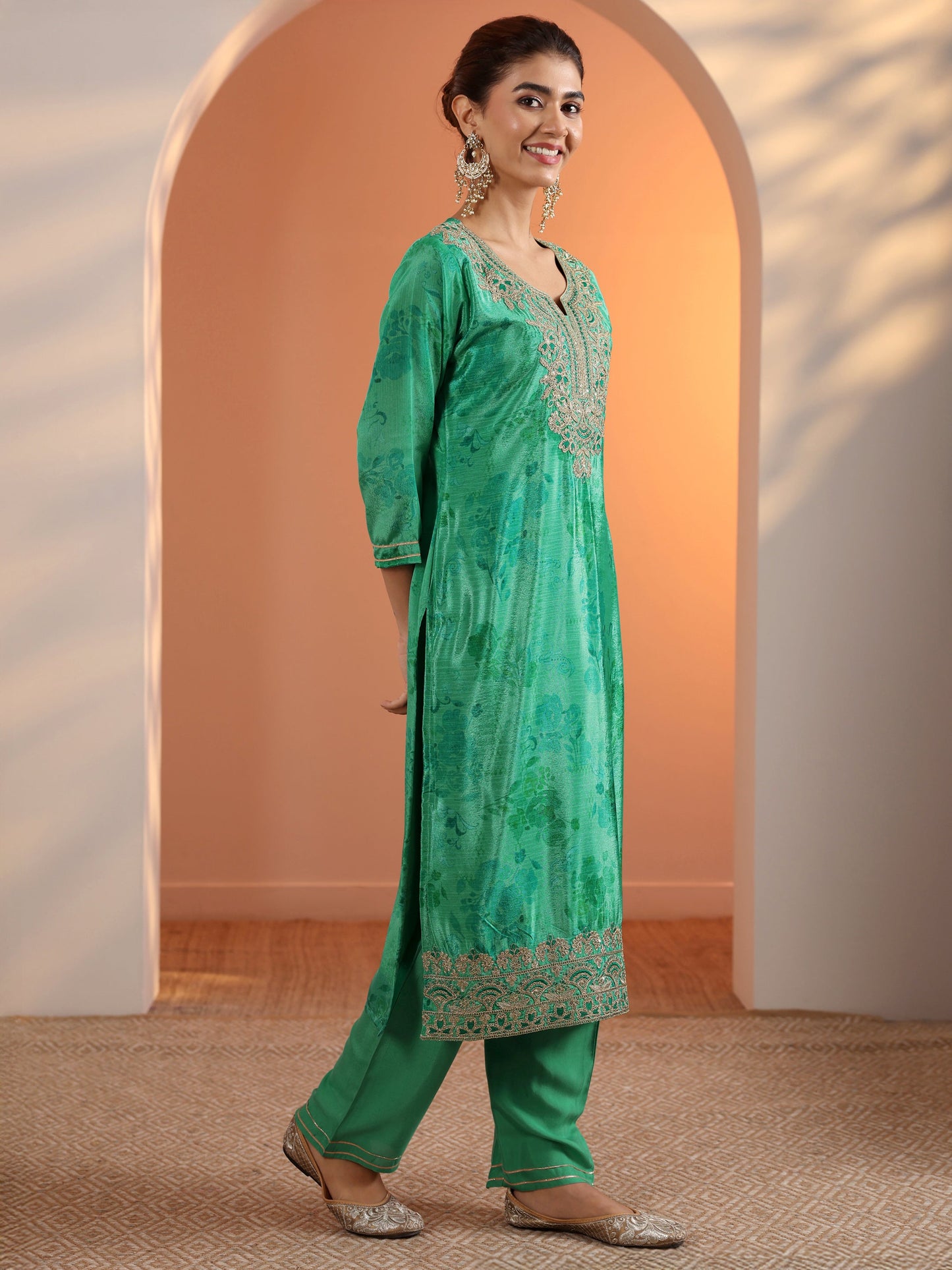 Green Printed Chinon Straight Suit Set With Dupatta