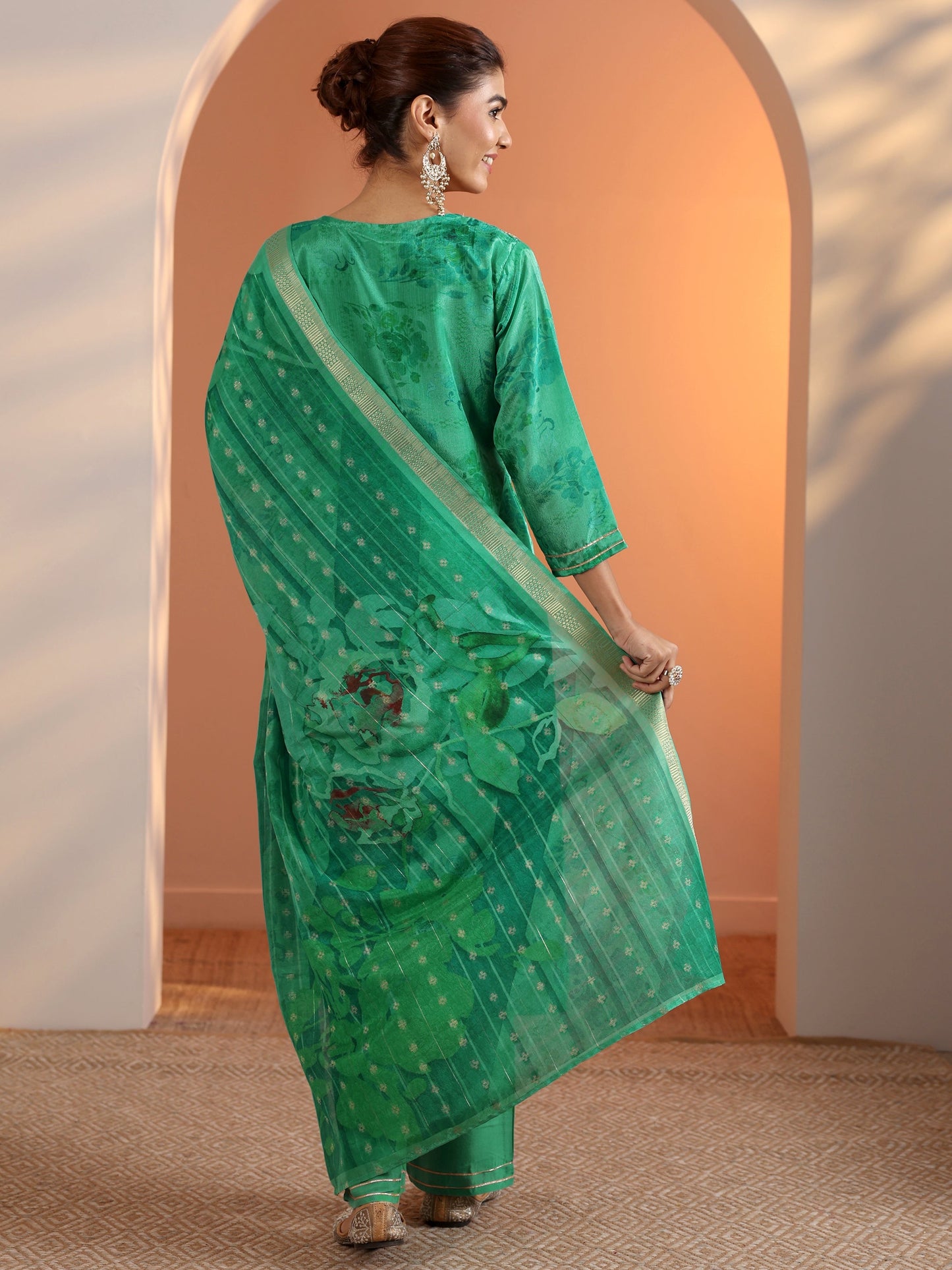 Green Printed Chinon Straight Suit Set With Dupatta