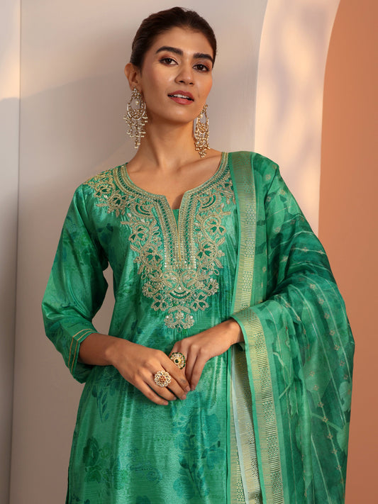 Green Printed Chinon Straight Suit Set With Dupatta