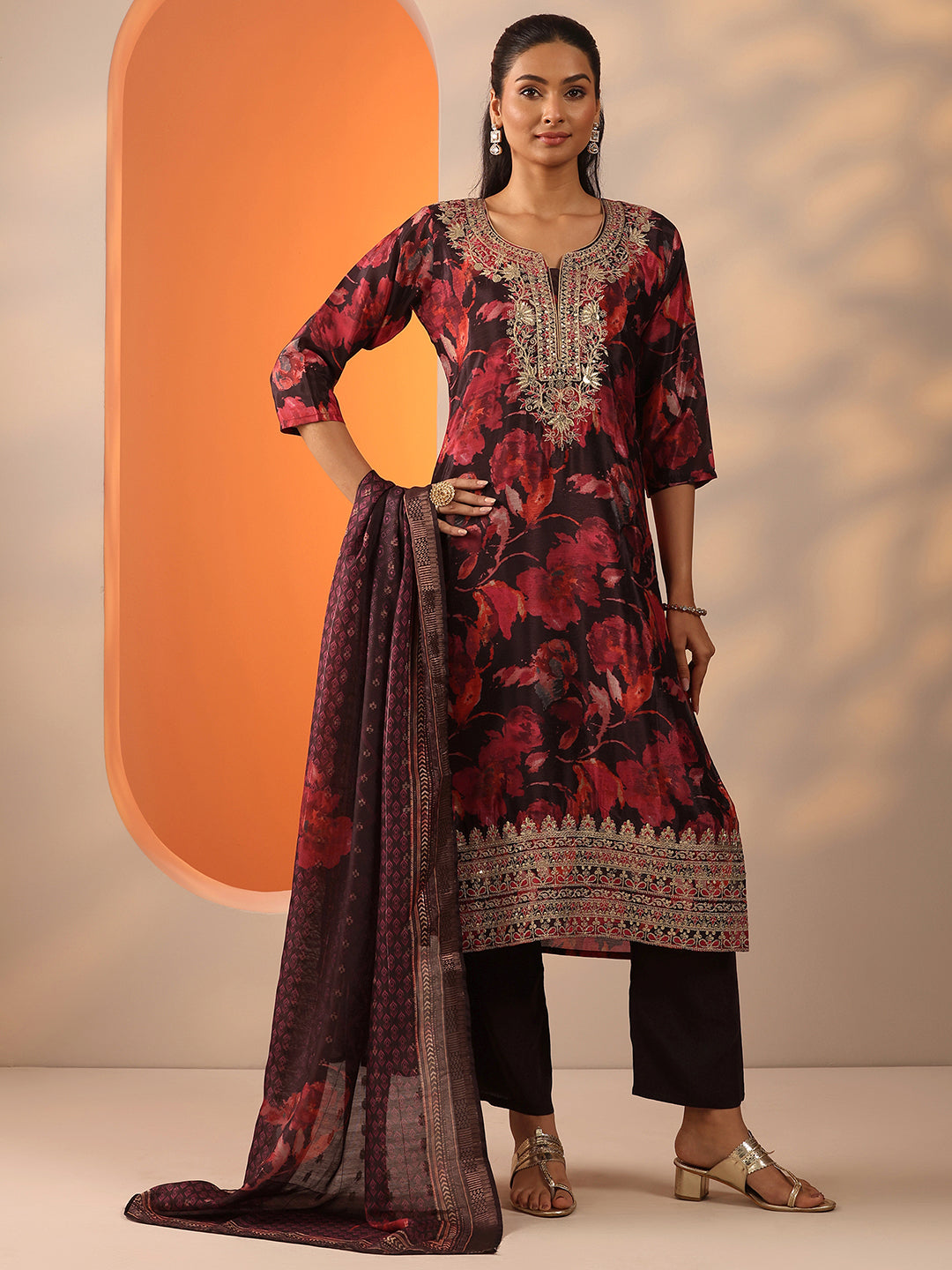 Brown Printed Chinon Straight Suit Set With Dupatta