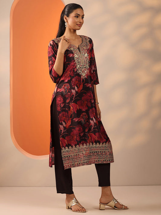 Brown Printed Chinon Straight Suit Set With Dupatta