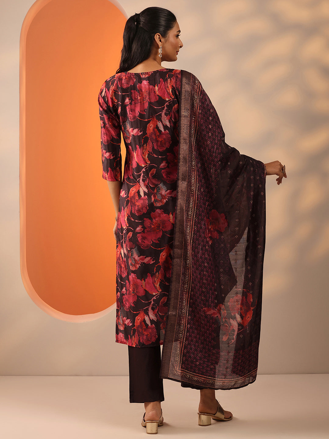 Brown Printed Chinon Straight Suit Set With Dupatta